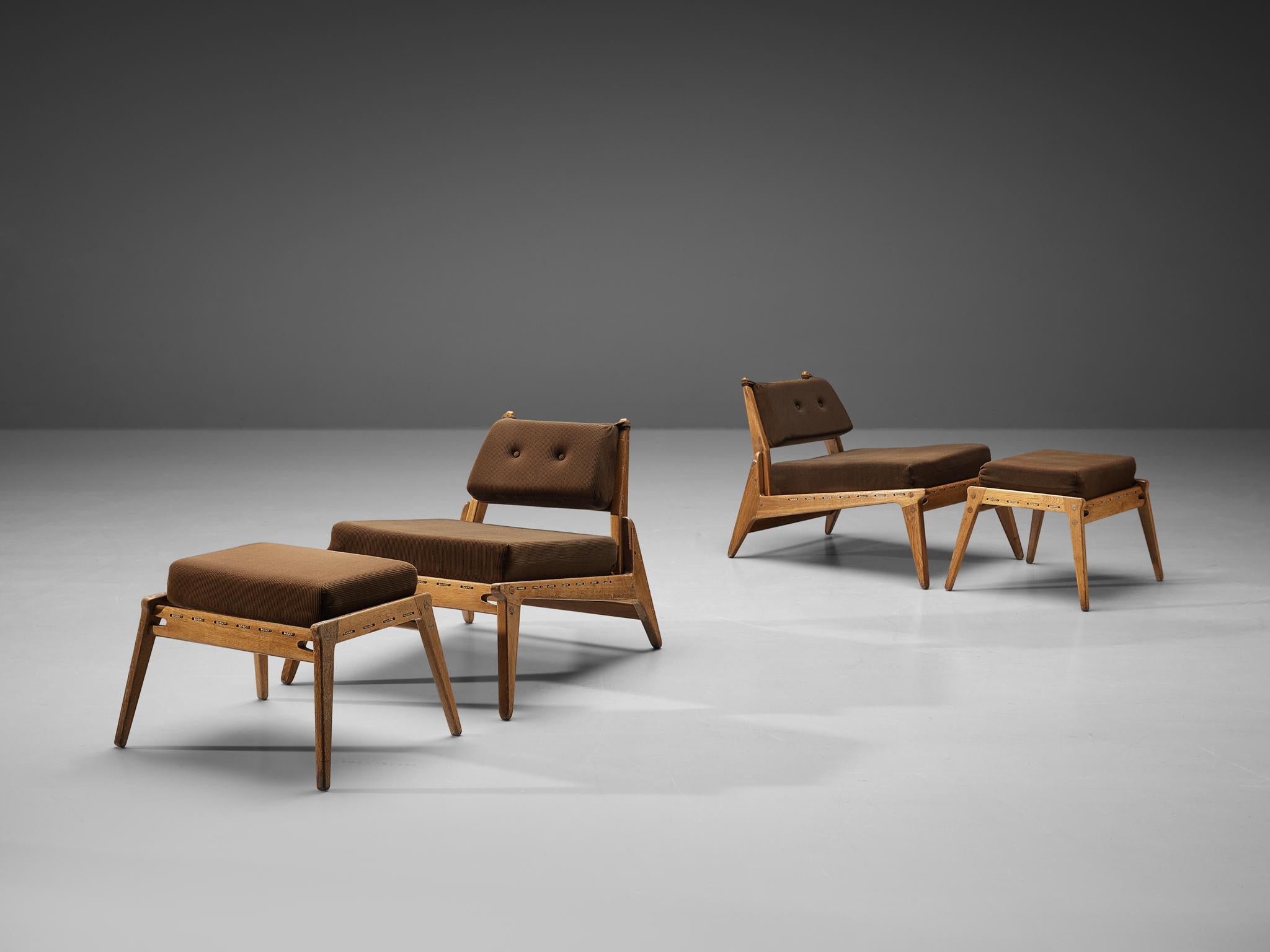 Mid-Century Modern  'Hunting' Lounge Chairs with Ottoman in Solid Oak