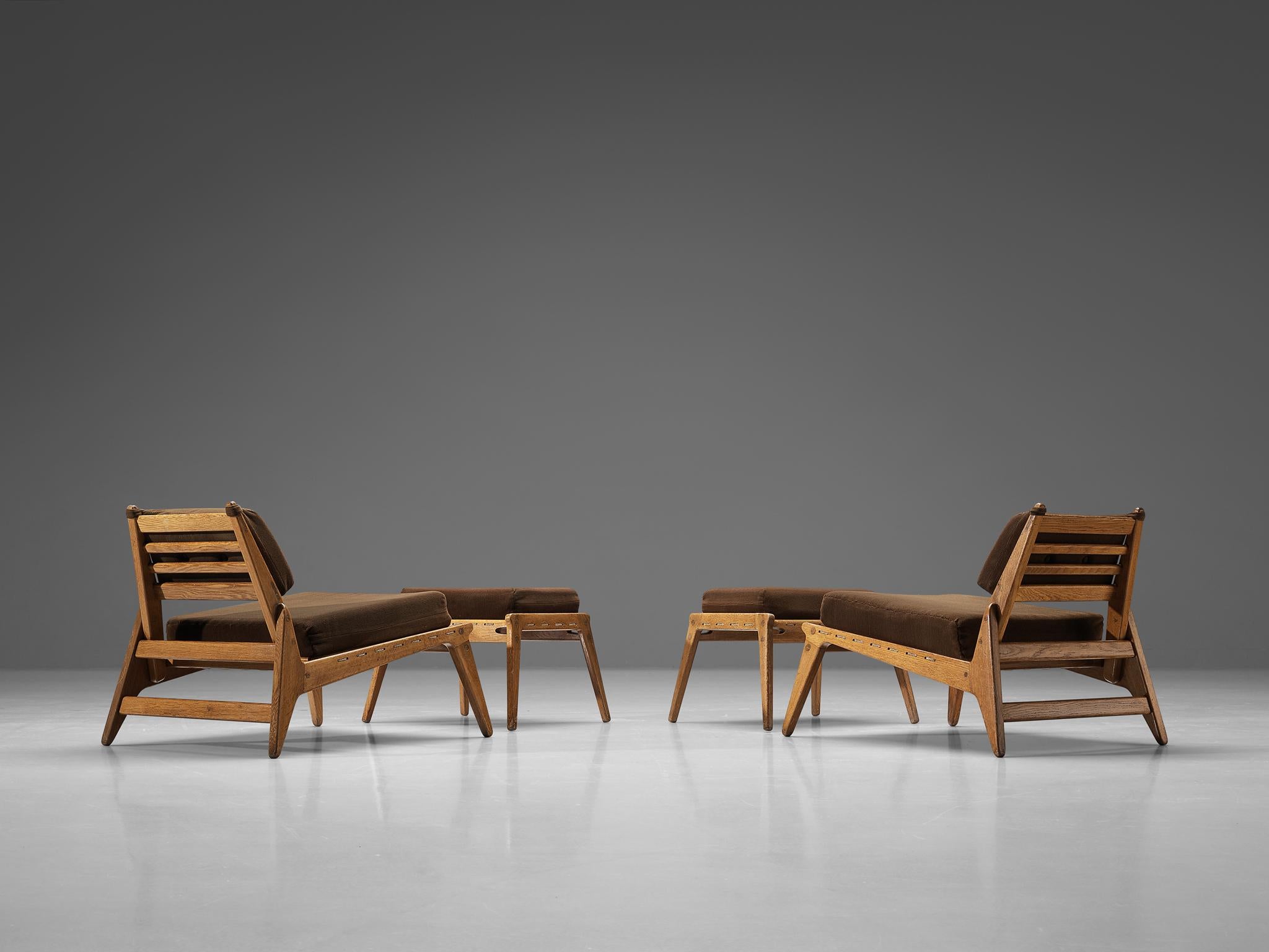 German  'Hunting' Lounge Chairs with Ottoman in Solid Oak