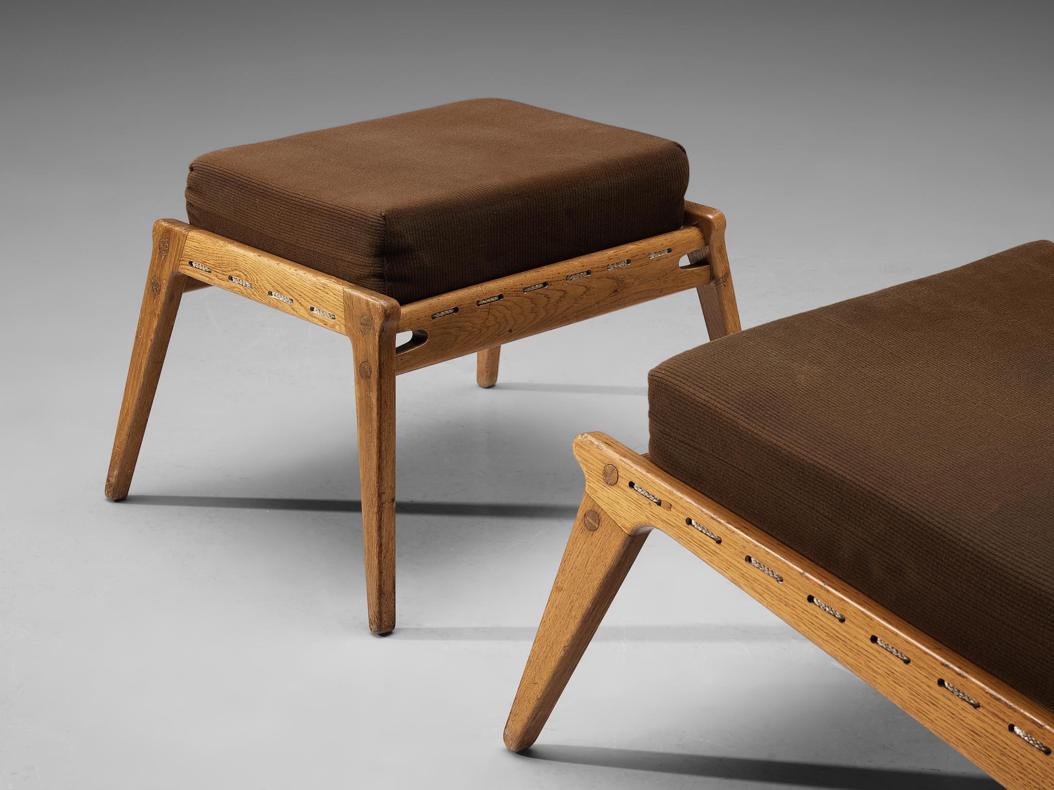 Mid-20th Century  'Hunting' Lounge Chairs with Ottoman in Solid Oak