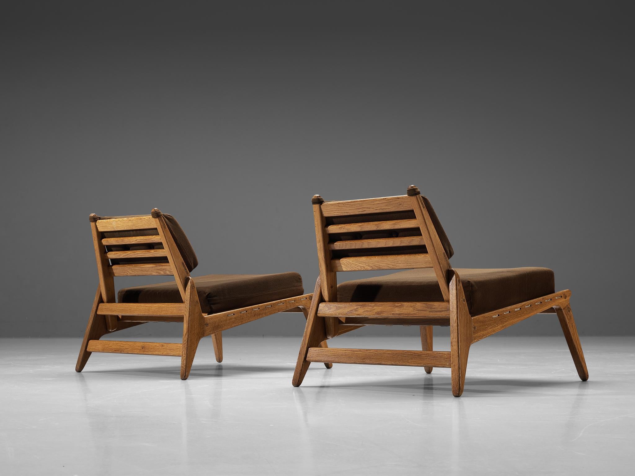 Fabric  'Hunting' Lounge Chairs with Ottoman in Solid Oak