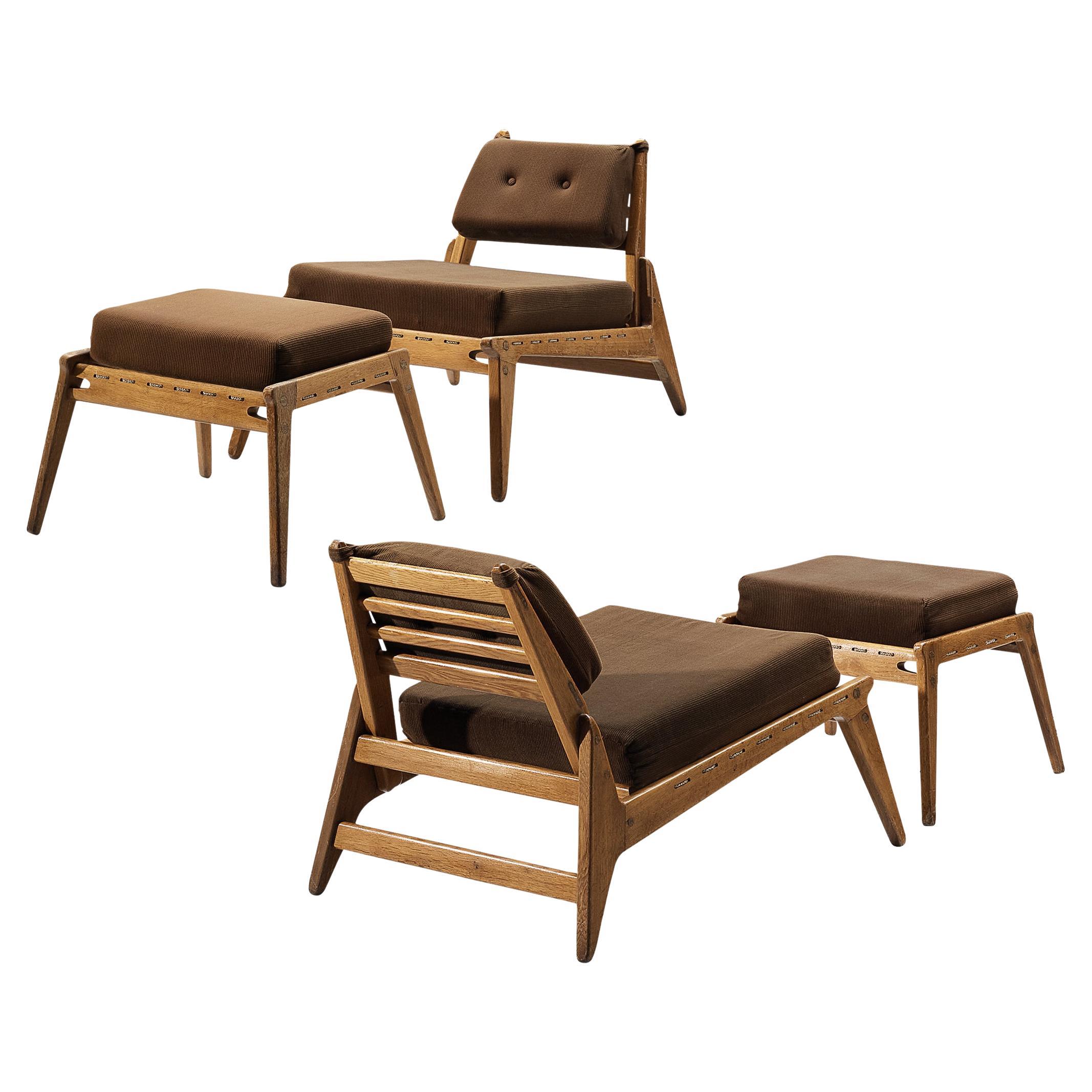  'Hunting' Lounge Chairs with Ottoman in Solid Oak For Sale