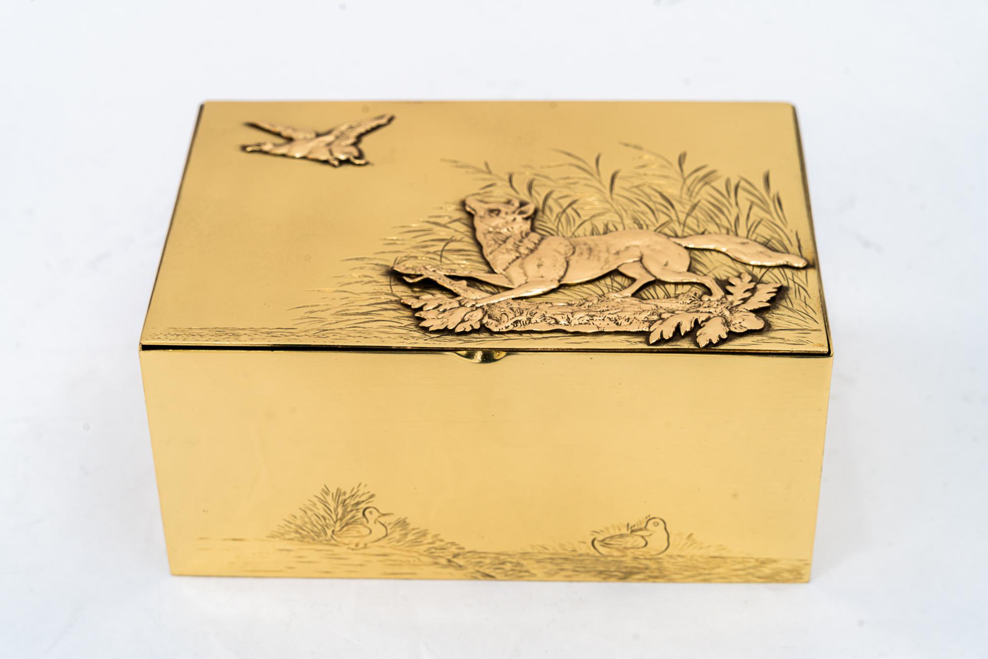 Hunting motiv art deco brass box vienna around 1920s
Brass polished and stove enameled