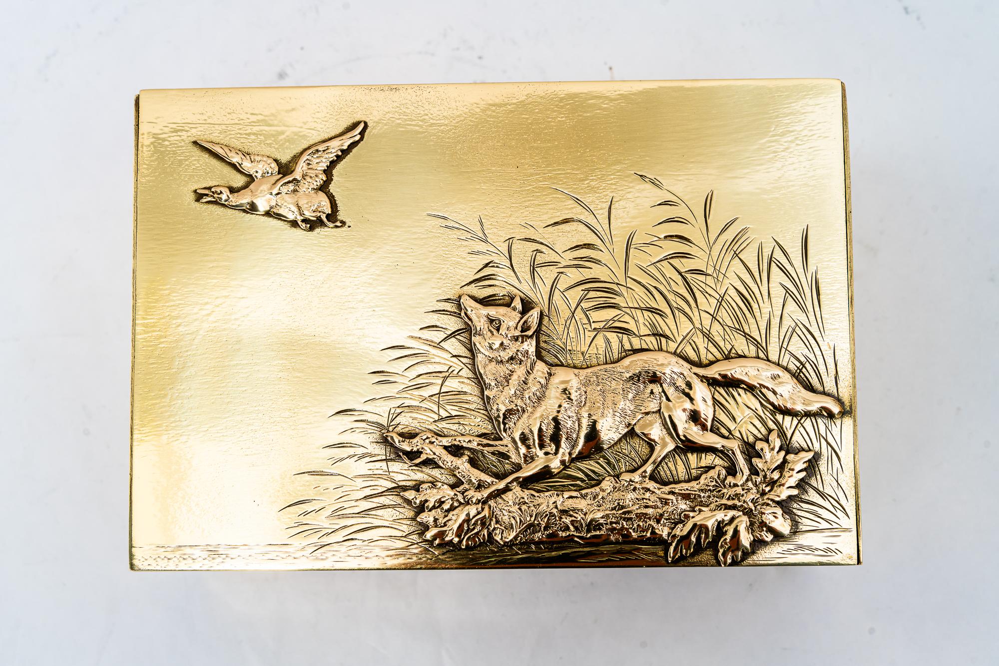 Austrian Hunting motiv art deco brass box vienna around 1920s For Sale