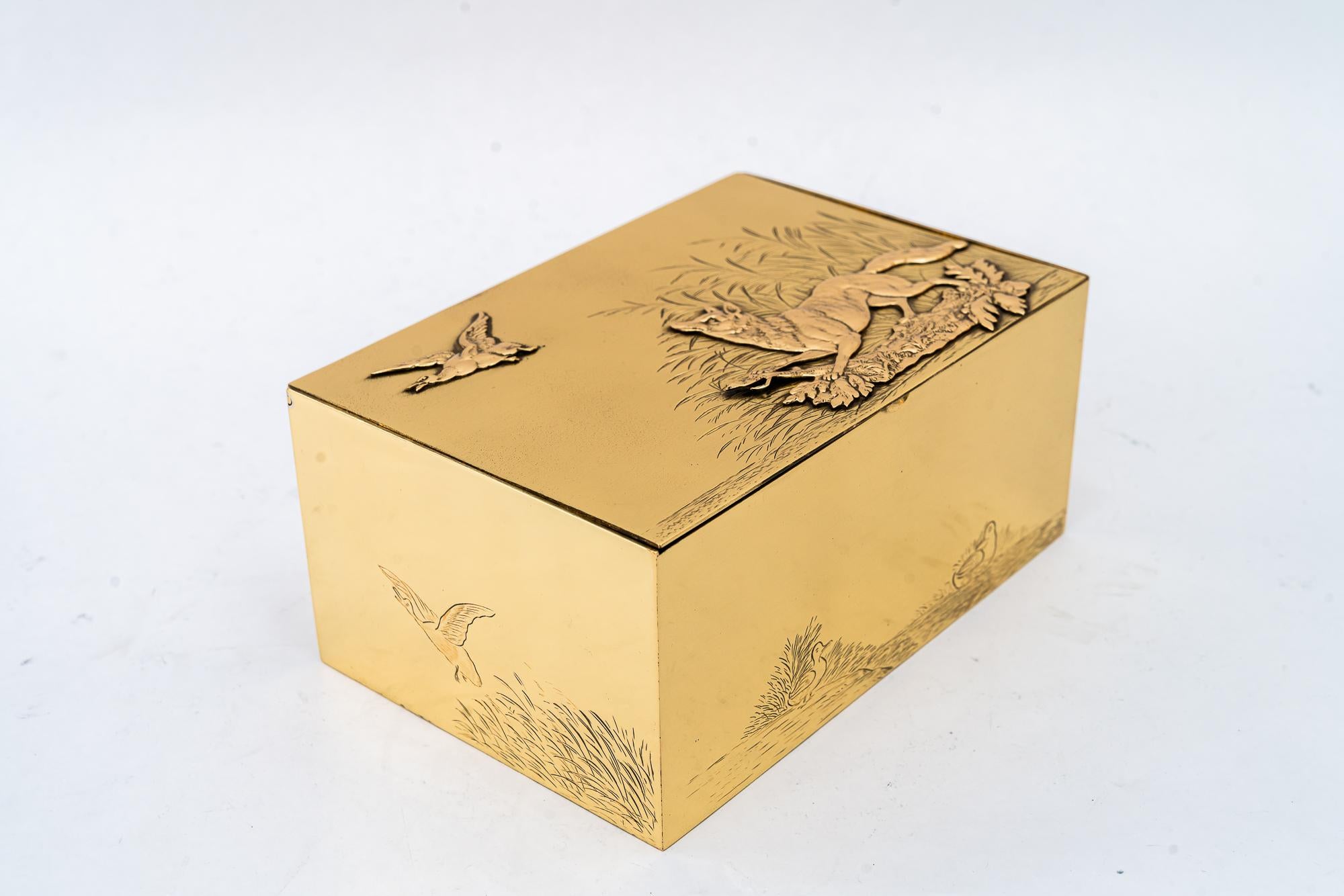 Early 20th Century Hunting motiv art deco brass box vienna around 1920s For Sale