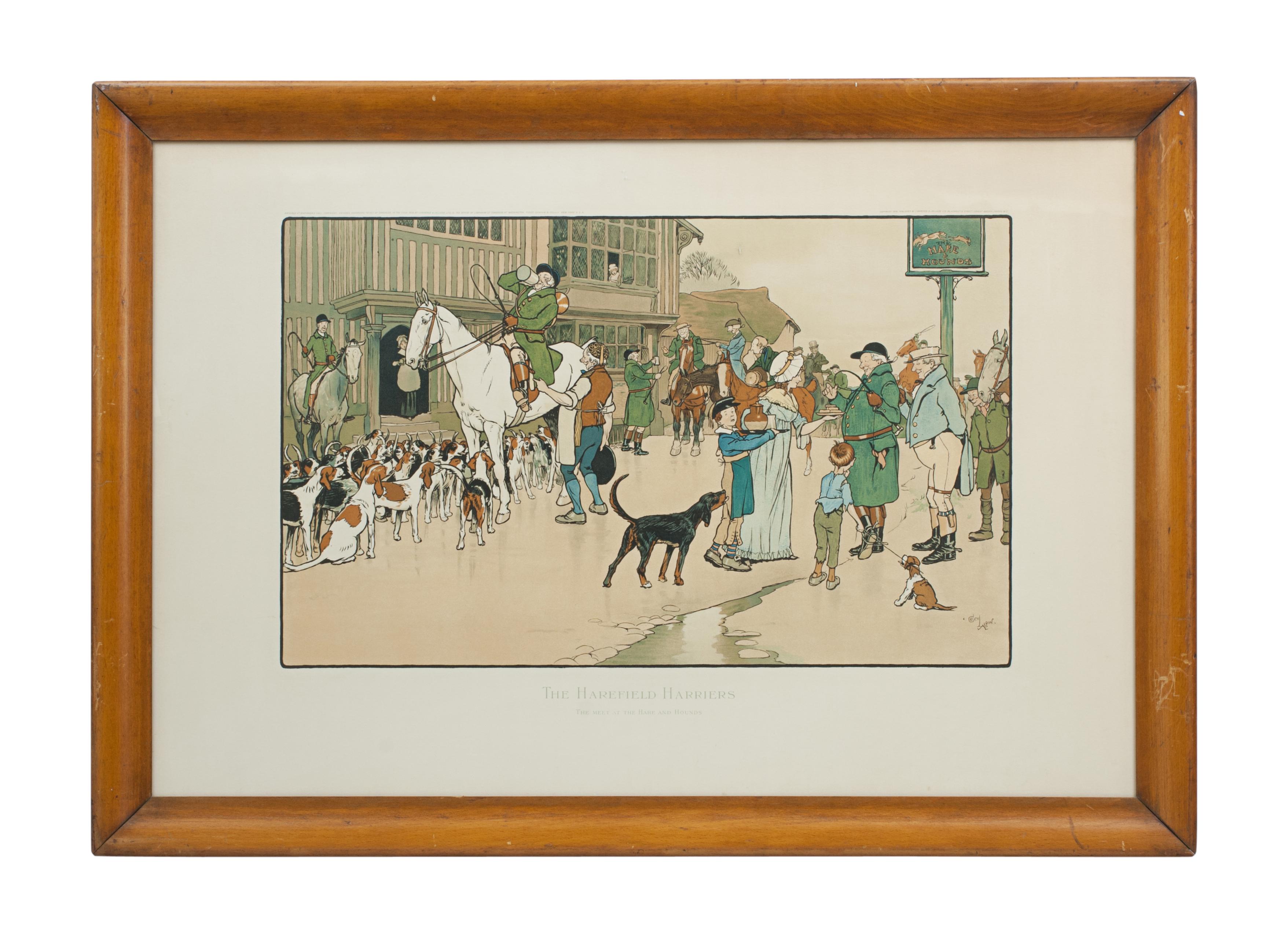 Harefield Harriers, 'The Meet At The Hare And Hounds'.
A fine print by Cecil Aldin from The Harefield Harriers, The Meet At The Hare And Hounds. This early humorous fox hunting chromolithograph is in original frame and with great colour. Aldin