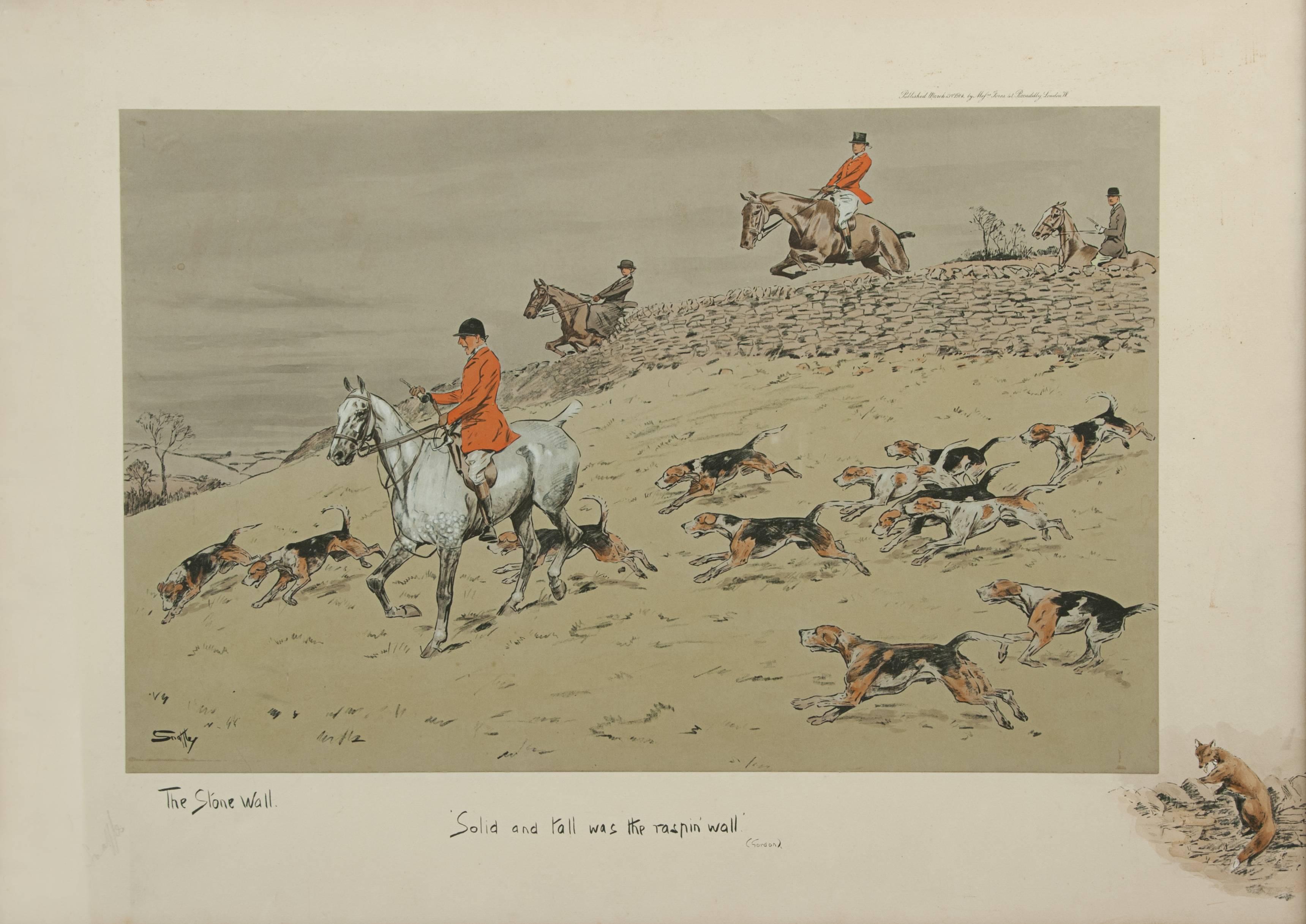 The stone wall by Snaffles
A good signed snaffles hunting print 'The Stone Wall'. The snaffles hand coloured lithograph depicts a huntsman with the hounds in the foreground, in the background there is a wall being jumped by two riders and the
