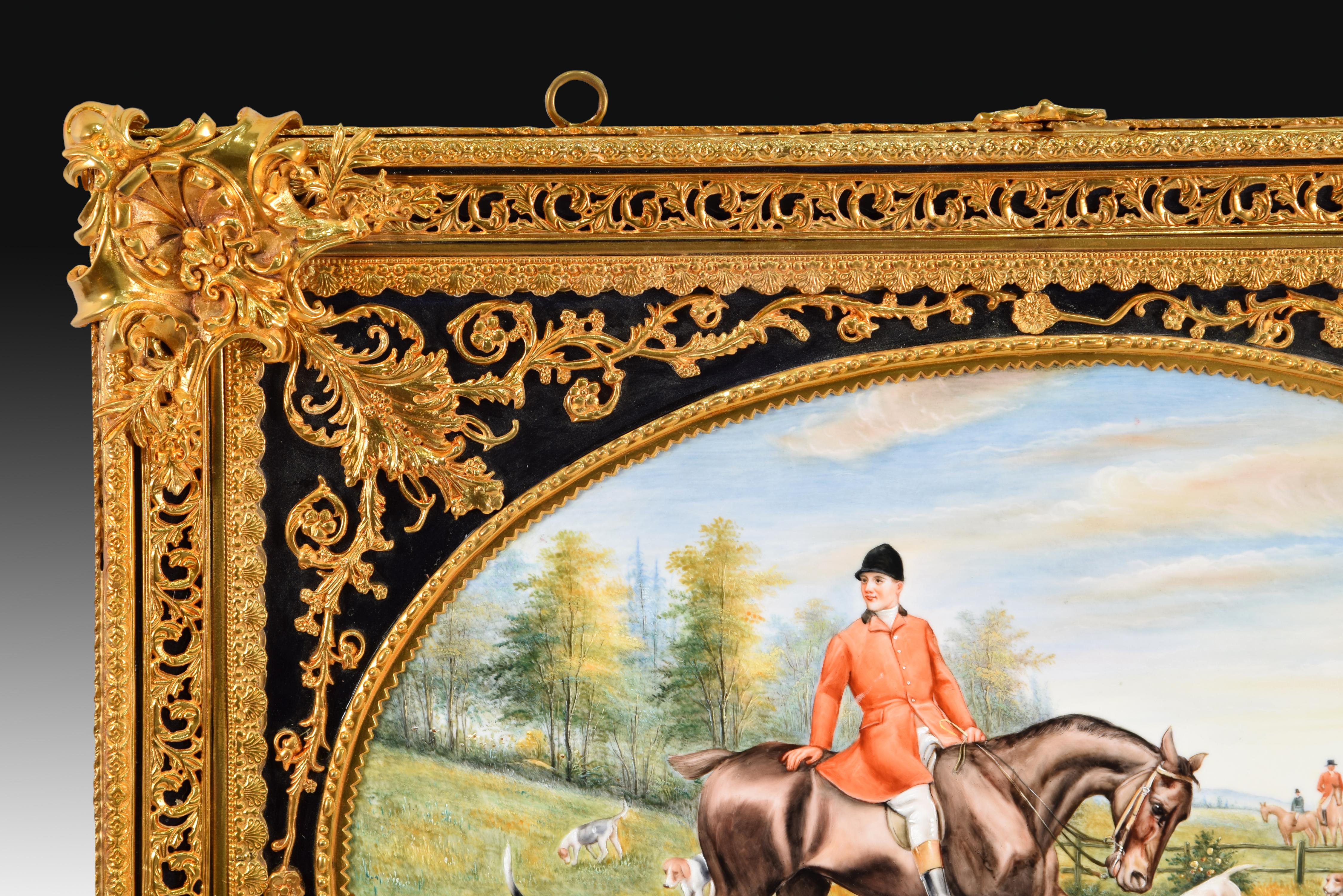 Neoclassical Revival Hunting Scene, Oil on Porcelain, After KPM Models For Sale