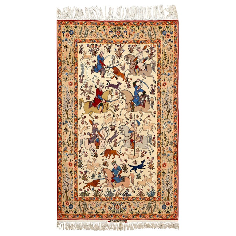 Hunting Scene Vintage Isfahan Persian Rug Size 5 Ft X 8 Ft 2 In For Sale At 1stdibs