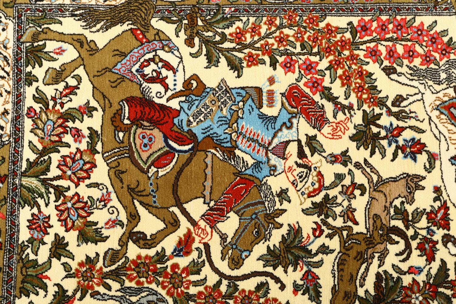 Intricate Hunting Scene Vintage Qum Persian Rug 51170, Country Of Origin / Rug Type: Vintage Persian Rug, Circa Date; Late 20th century. Size: 4 ft 7 in x 6 ft 11 in (1.4 m x 2.11 m).