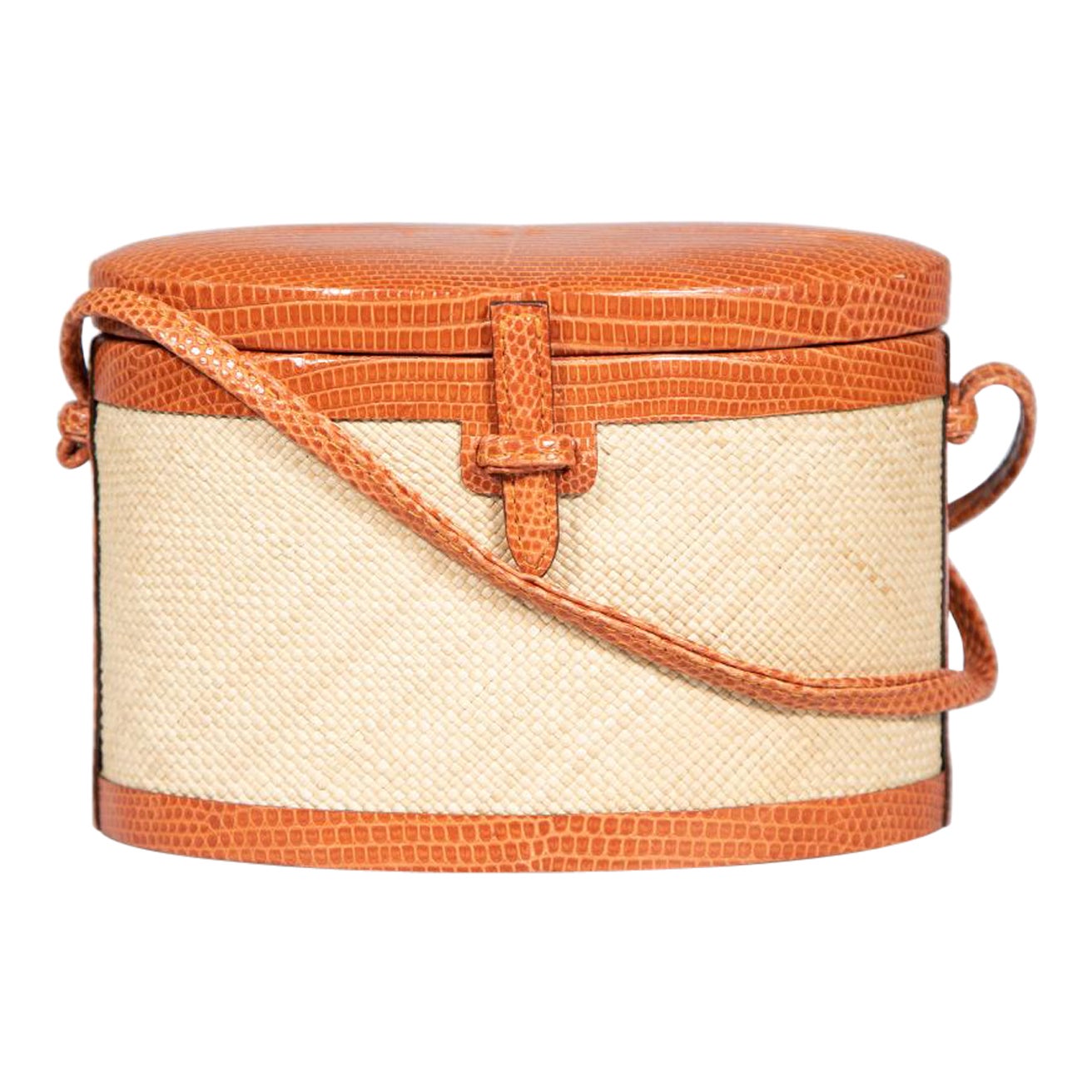 Hunting Season Beige Lizard Trim Iraca Trunk Crossbody Bag