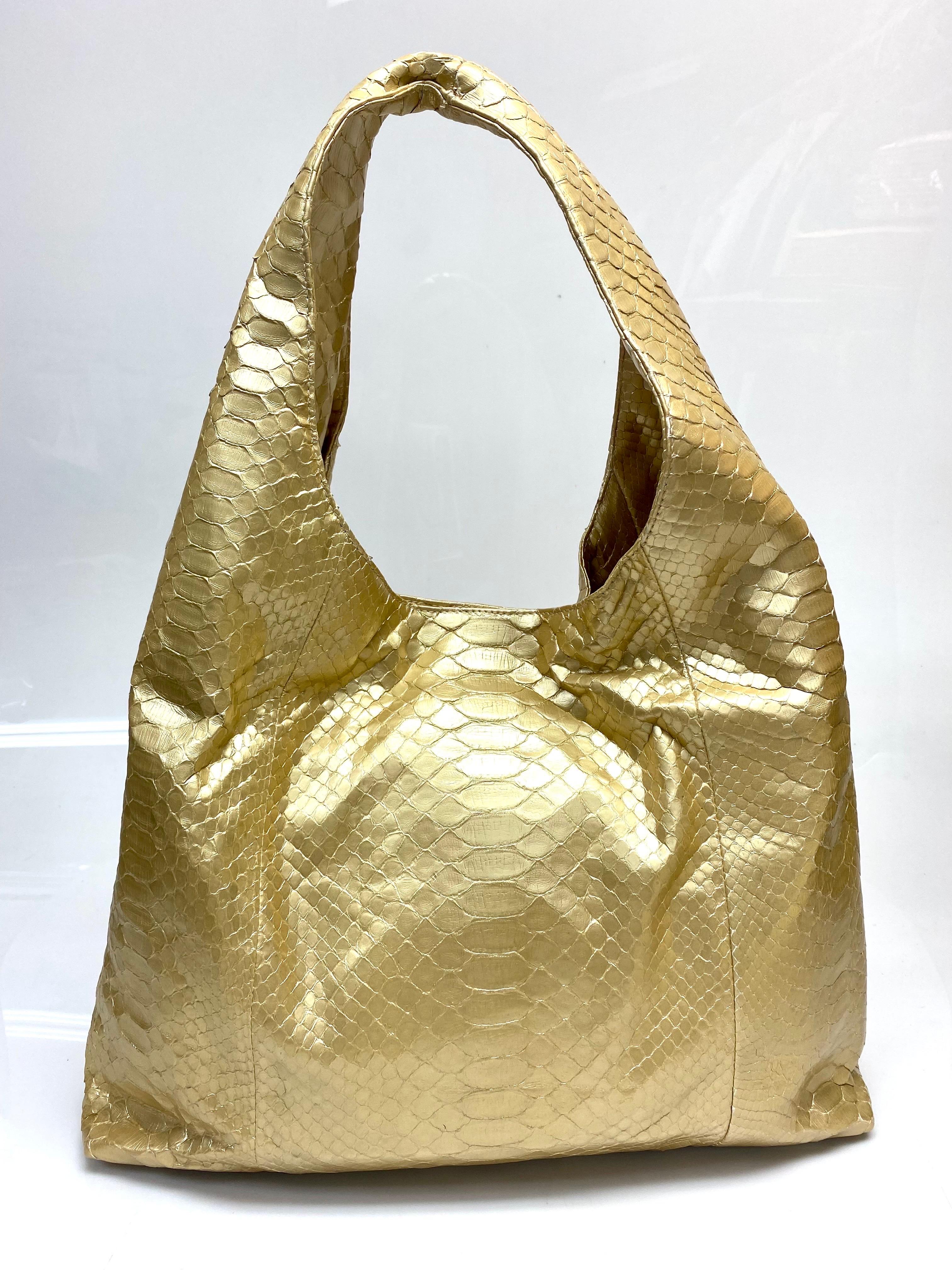 Hunting Season Large Gold Metallic Python Handbag In Good Condition For Sale In West Palm Beach, FL
