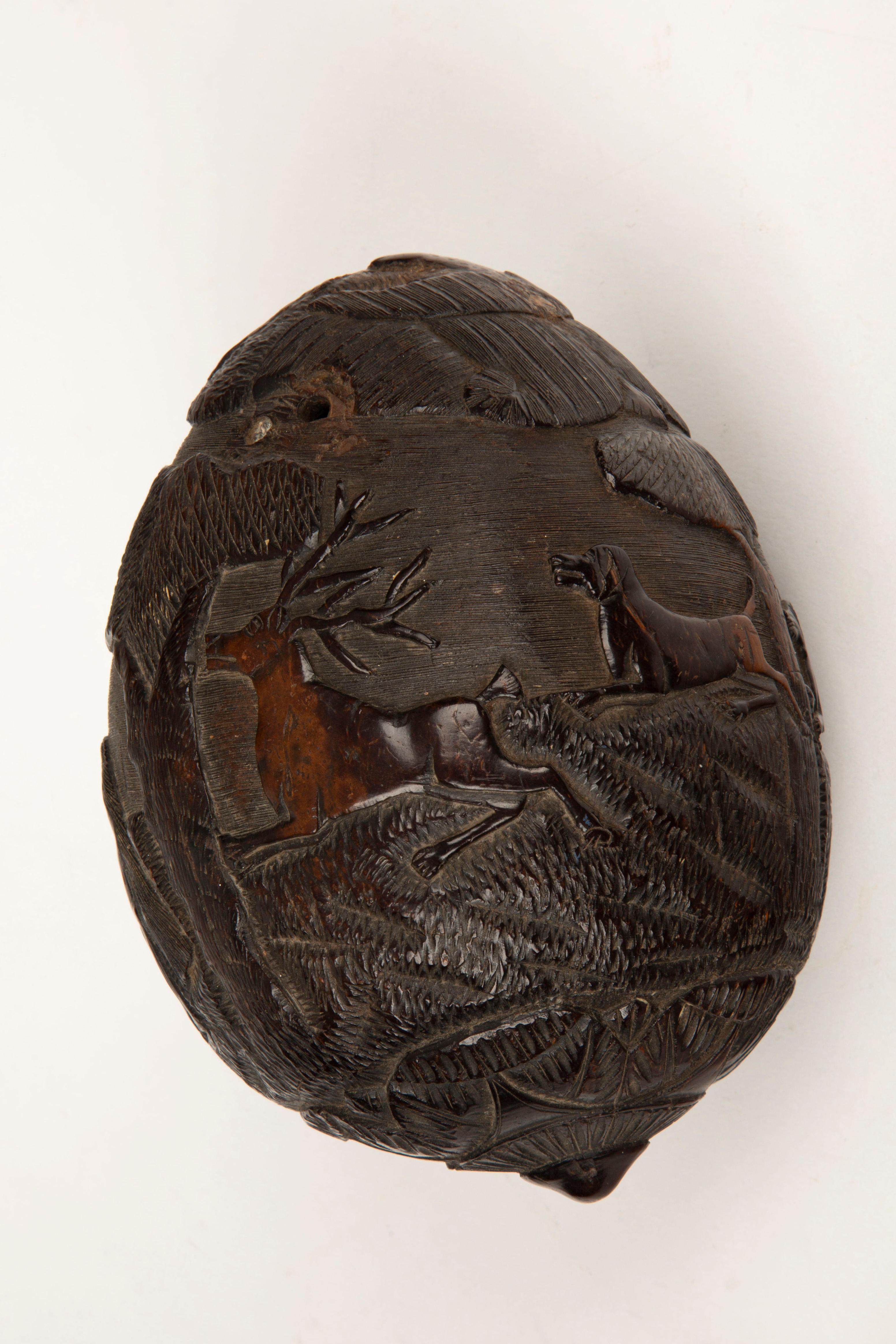 Tales de chasse : Rare Flacon de chouette en noix de coco sculpté du 19e siècle de style colonial français en vente 4