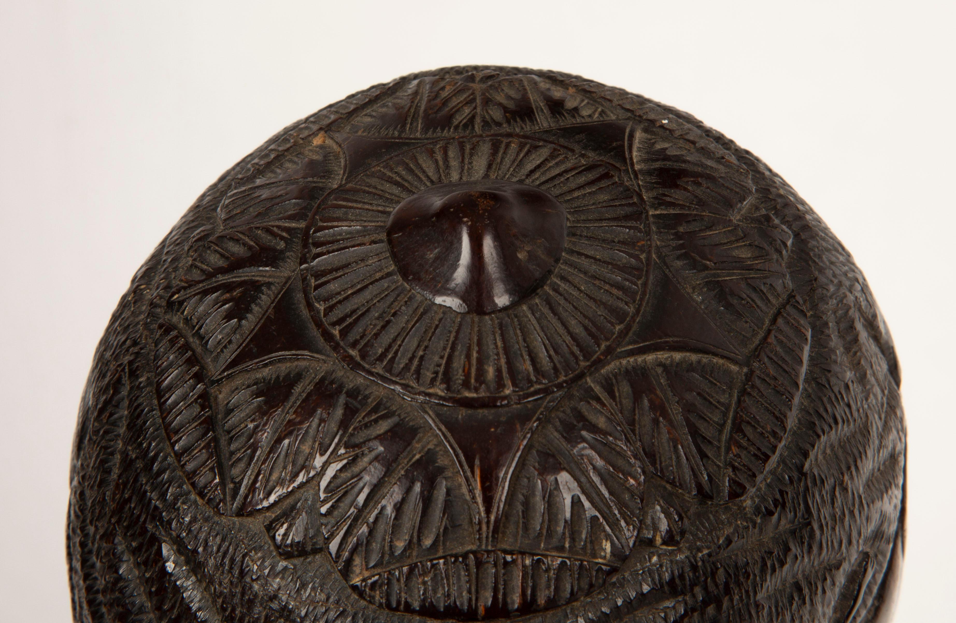 Tales de chasse : Rare Flacon de chouette en noix de coco sculpté du 19e siècle de style colonial français en vente 1