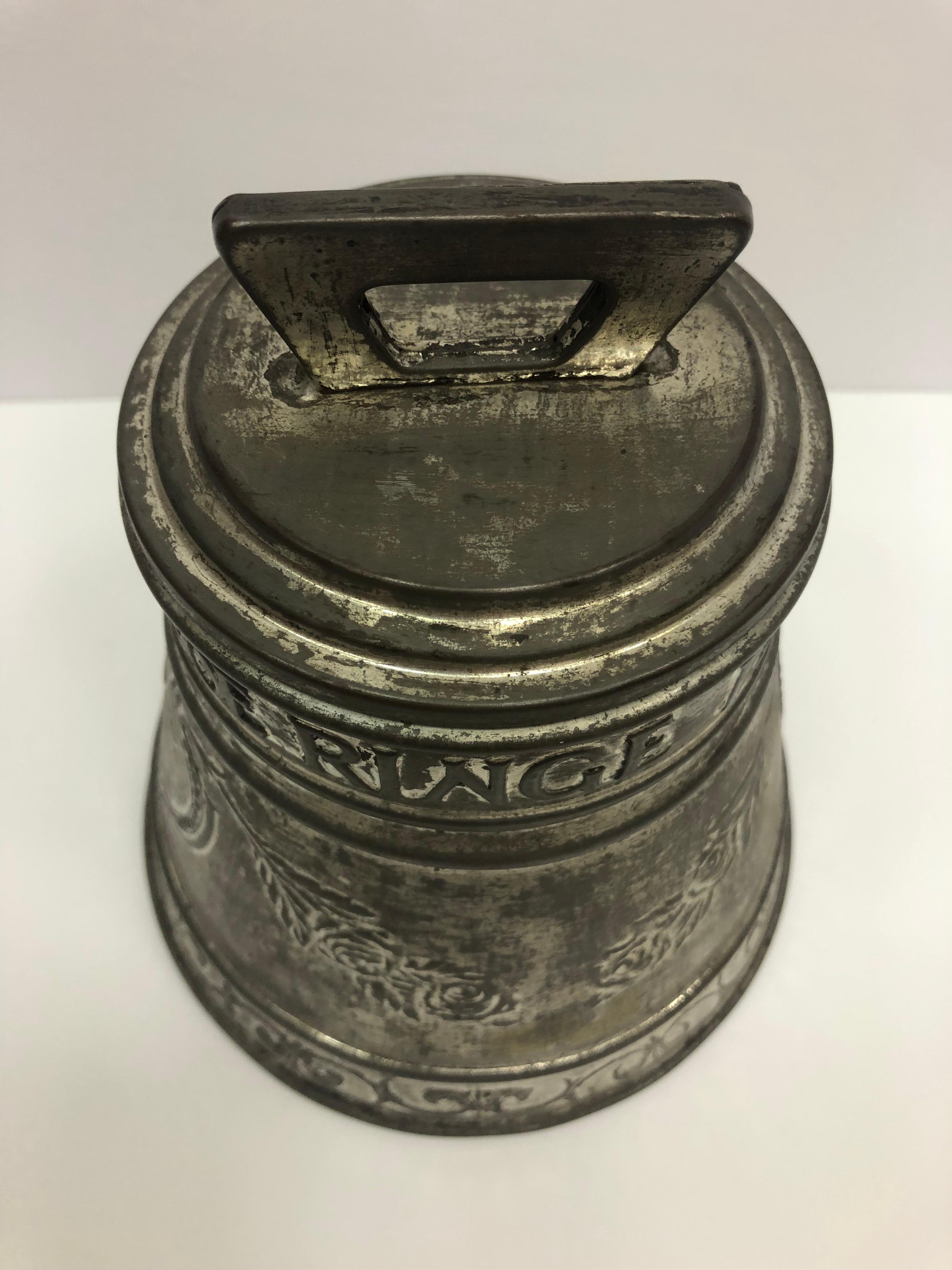 English Huntley and Palmer Silver Plated Metal Bell Shaped Biscuit Tin England, 1912 For Sale