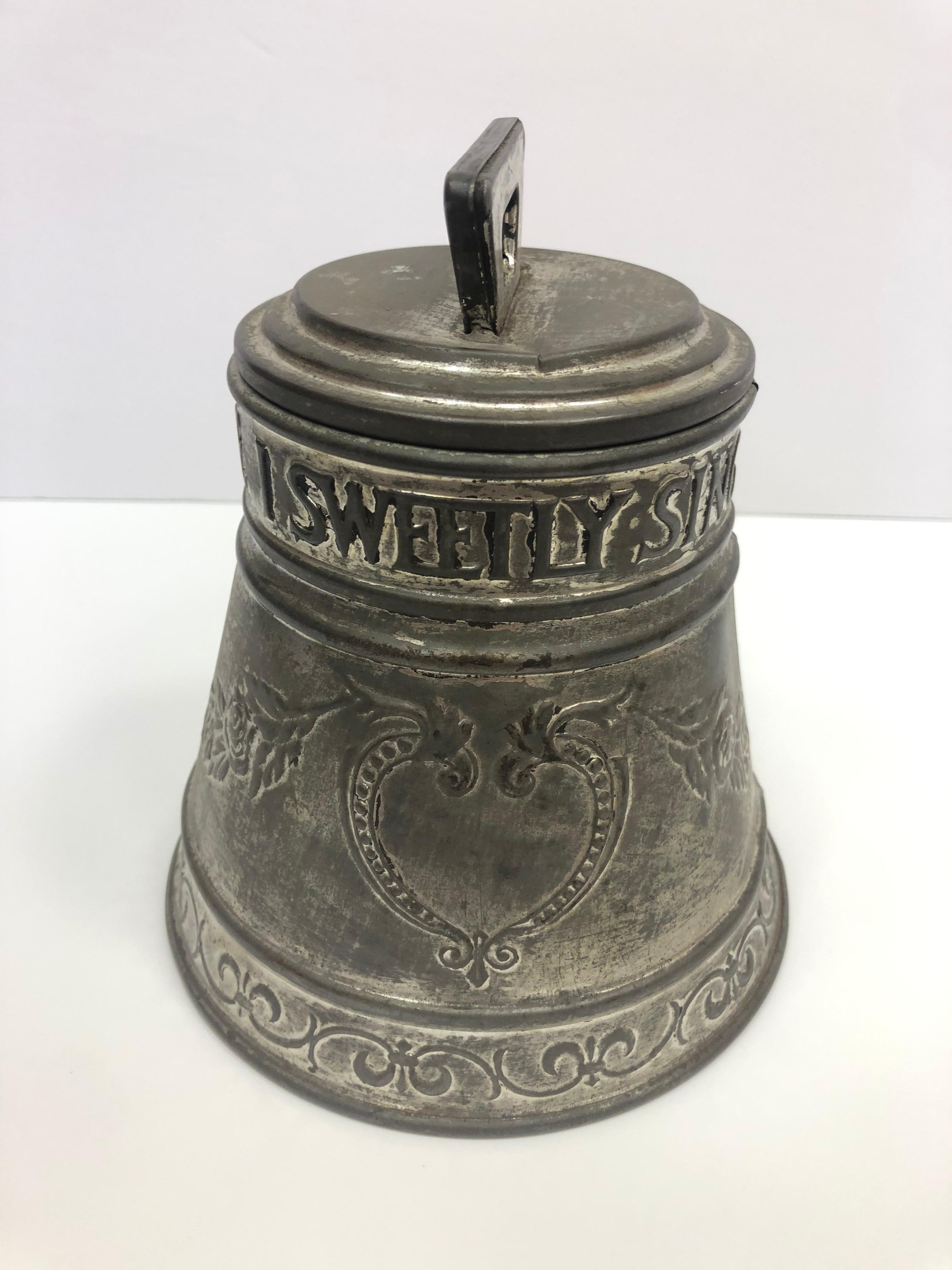 Huntley and Palmer Silver Plated Metal Bell Shaped Biscuit Tin England, 1912 In Good Condition For Sale In Stamford, CT