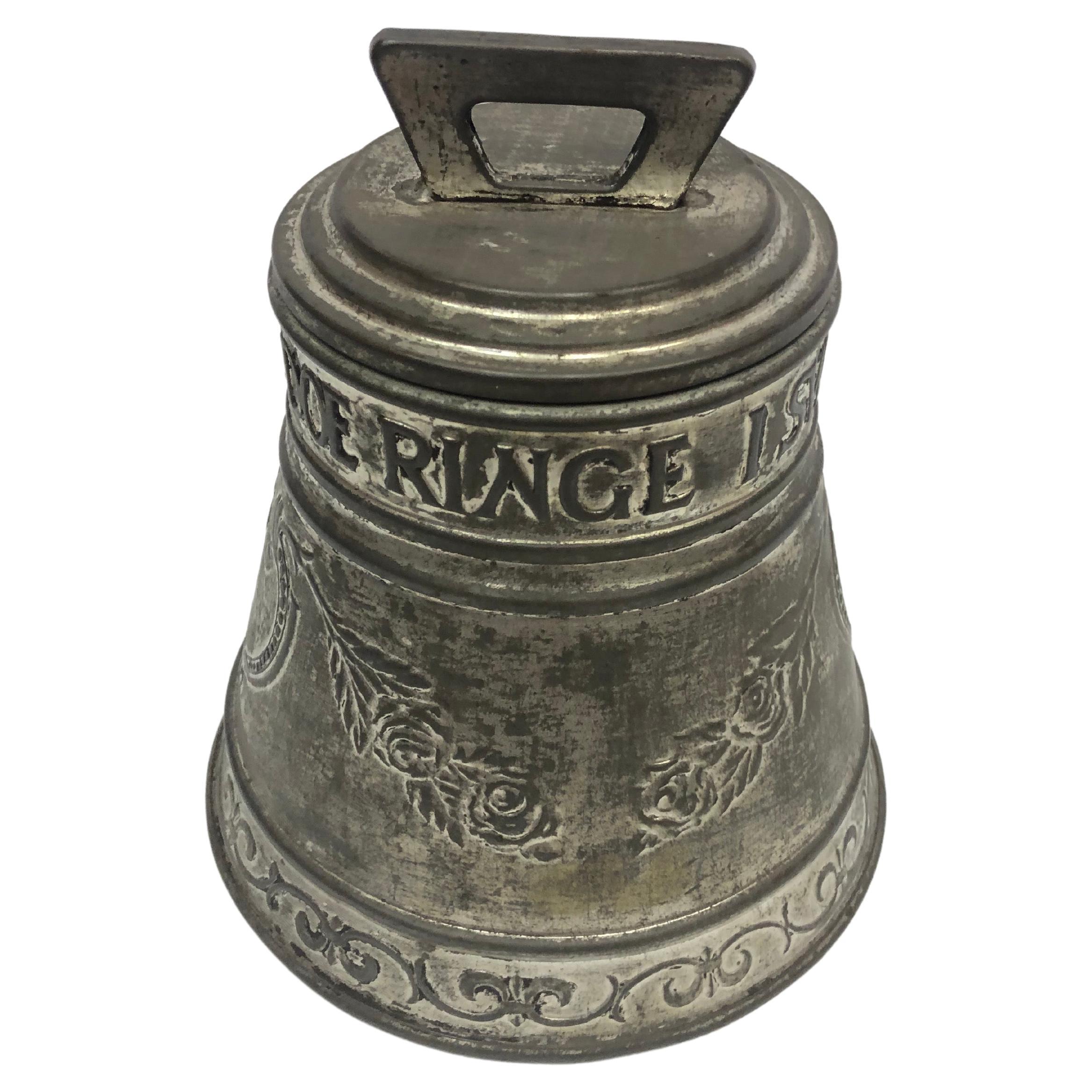 Huntley and Palmer Silver Plated Metal Bell Shaped Biscuit Tin England, 1912 For Sale