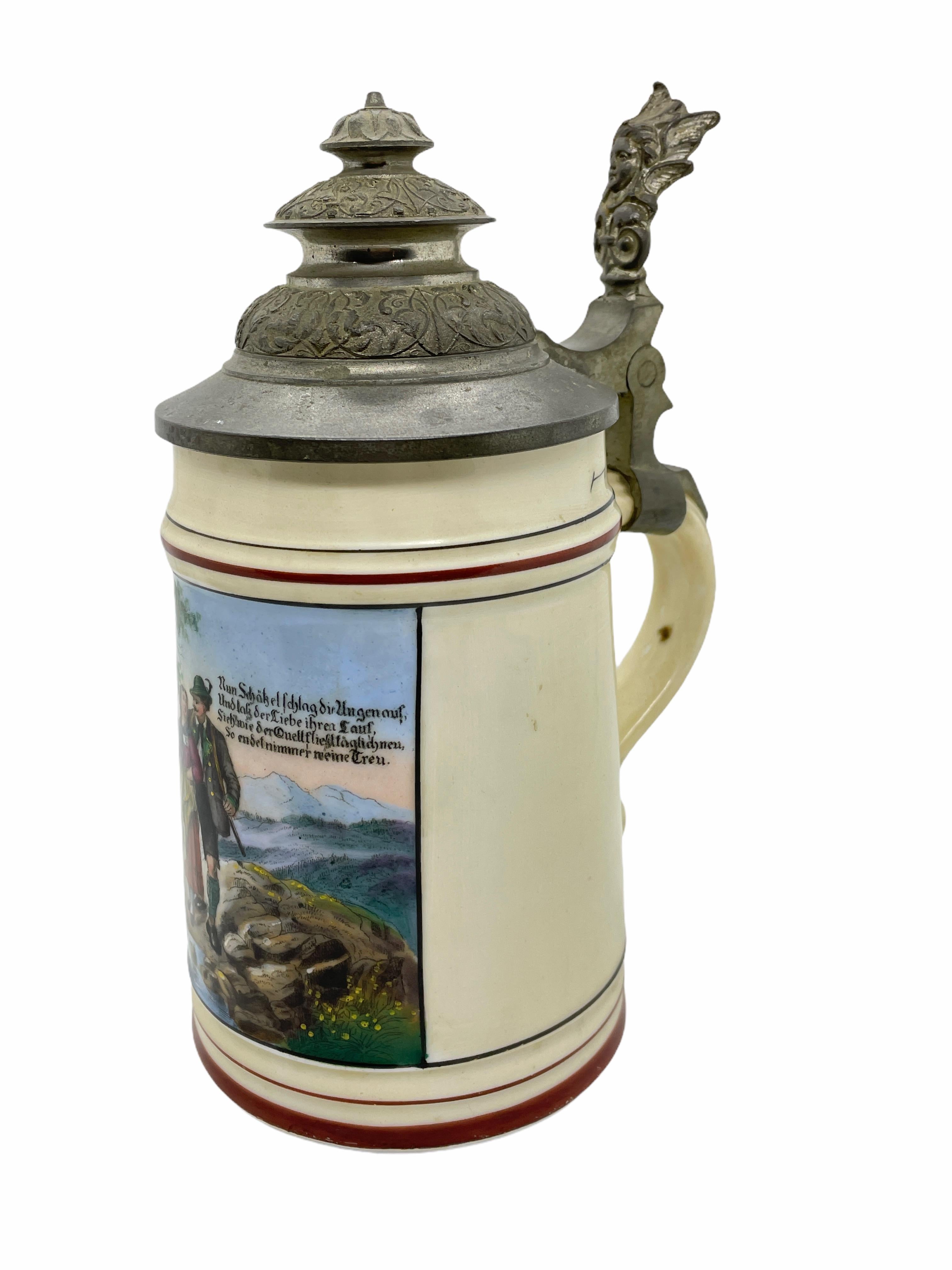 A gorgeous beer stein, made in Germany. This beer stein has been made in Germany, circa 1900s or older. Absolutely gorgeous piece still in great condition, without damage. Lid works properly. It is a 1/2 Liter Stein. Has a beautiful detailed Face