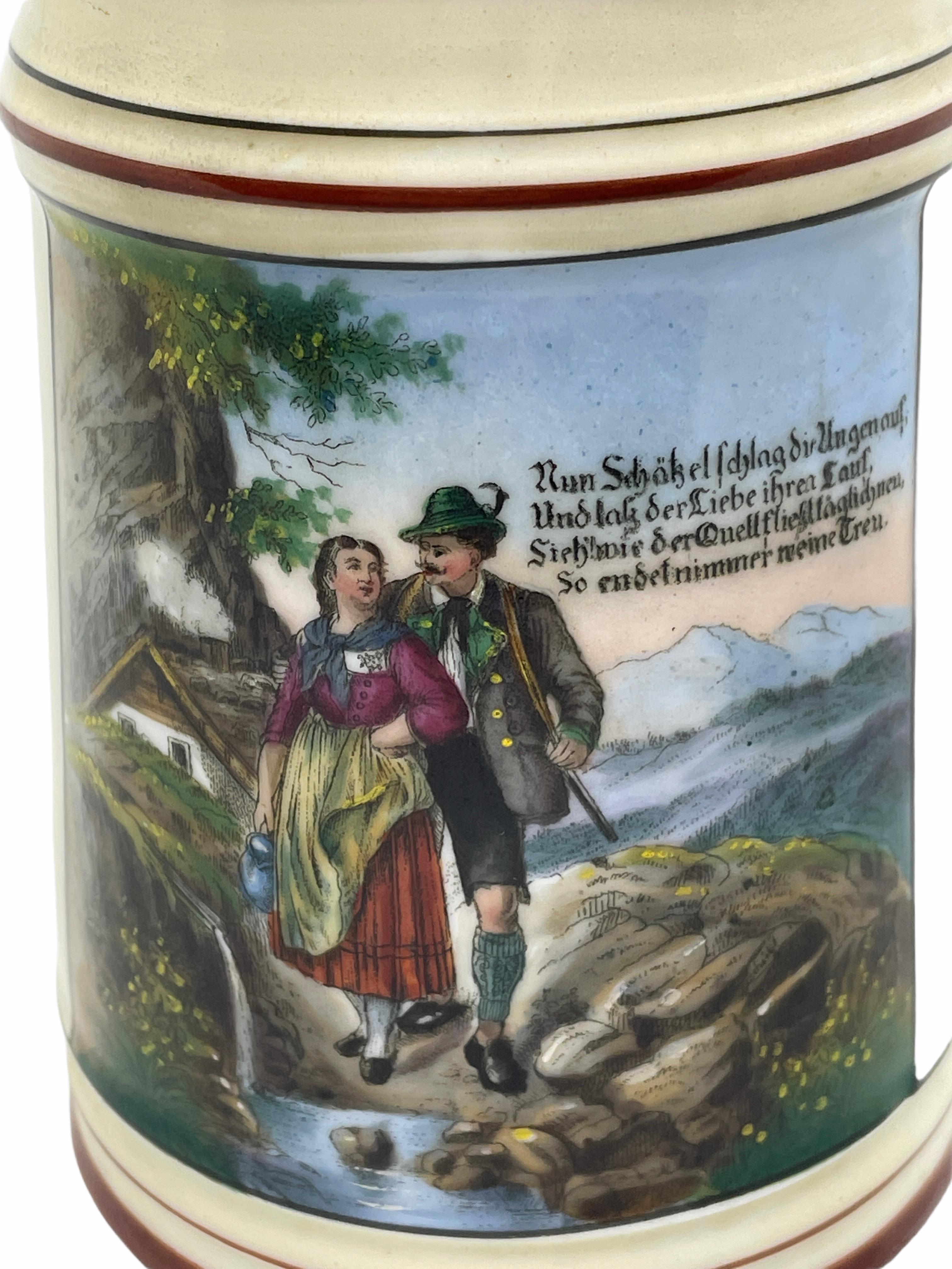 Huntsman Scene Early 20th Century Porcelain Lidded Beer with Face Thumb Rest In Good Condition In Nuernberg, DE