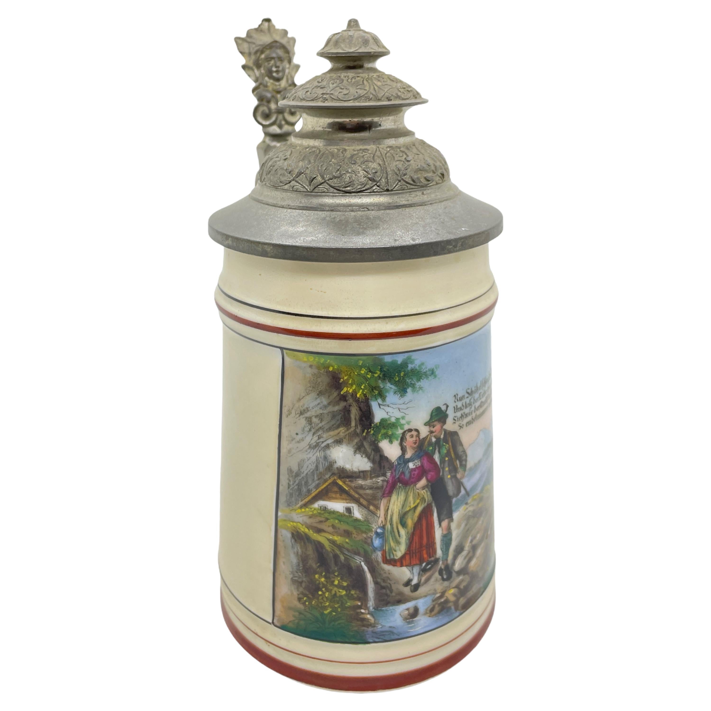 Huntsman Scene Early 20th Century Porcelain Lidded Beer with Face Thumb Rest