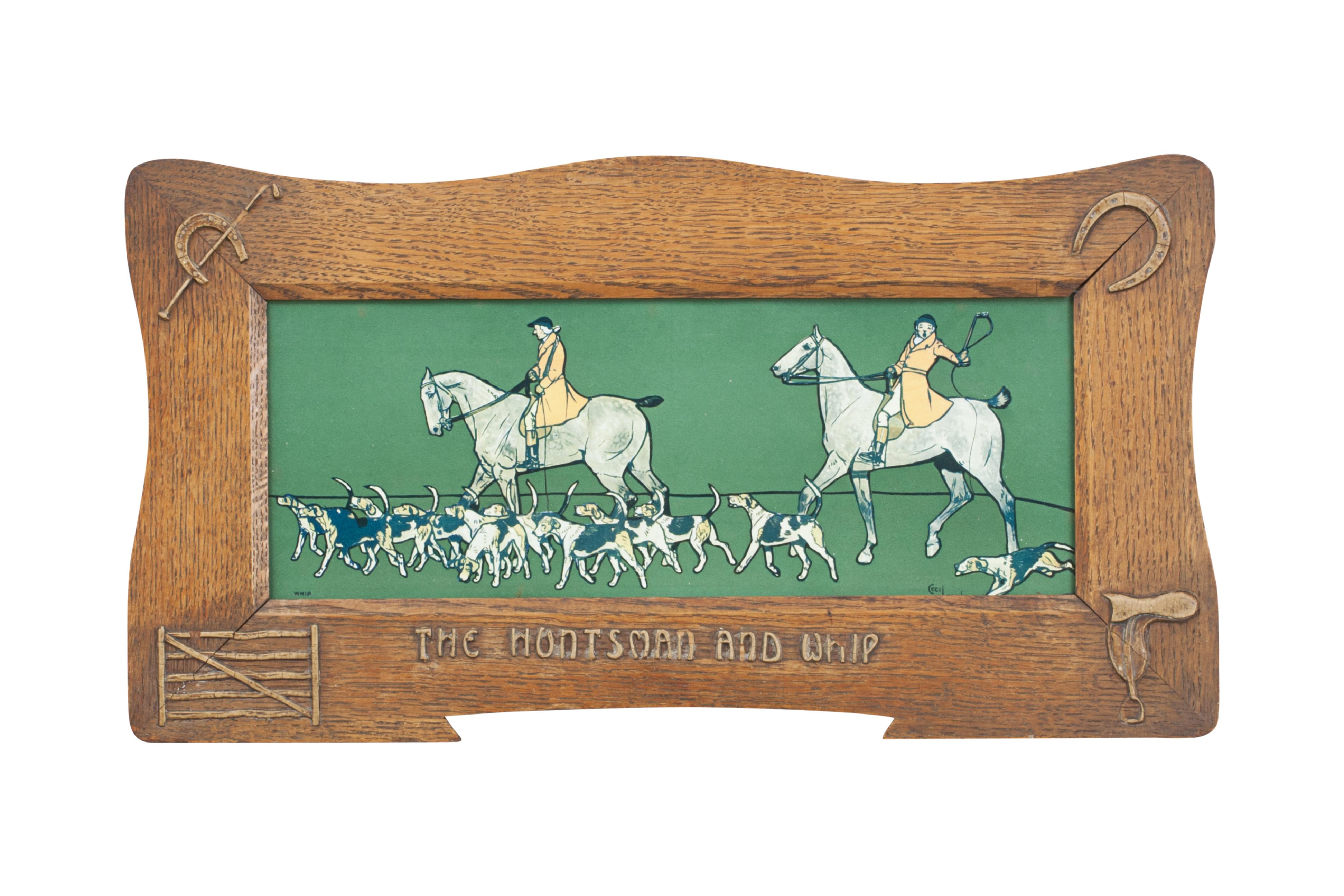 Vintage Pair of Cecil Aldin Fox Hunting Prints 'The Huntsman And Whip & The Huntsman'.
A nice pair of hunting chromolithographs by Cecil Aldin in original arts and crafts oak frames with applied decoration and titles. The two original Aldin's are in