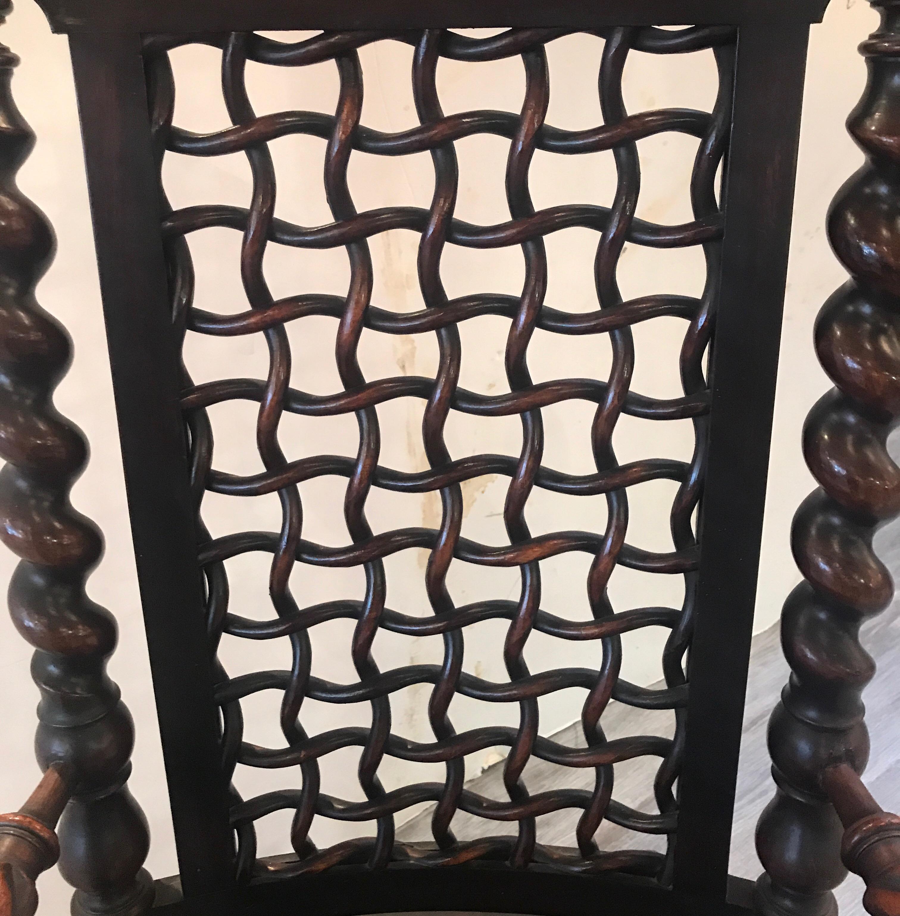 This fabulous rocker was made by the Merklen Brothers in NYC between 1885 and 1895.  The interlocking spiral lattice is called Moorish Fretwork and was patented by Moses Y. Ransom in 1885.
 The back with a woven solid wood dowel surface flanked by