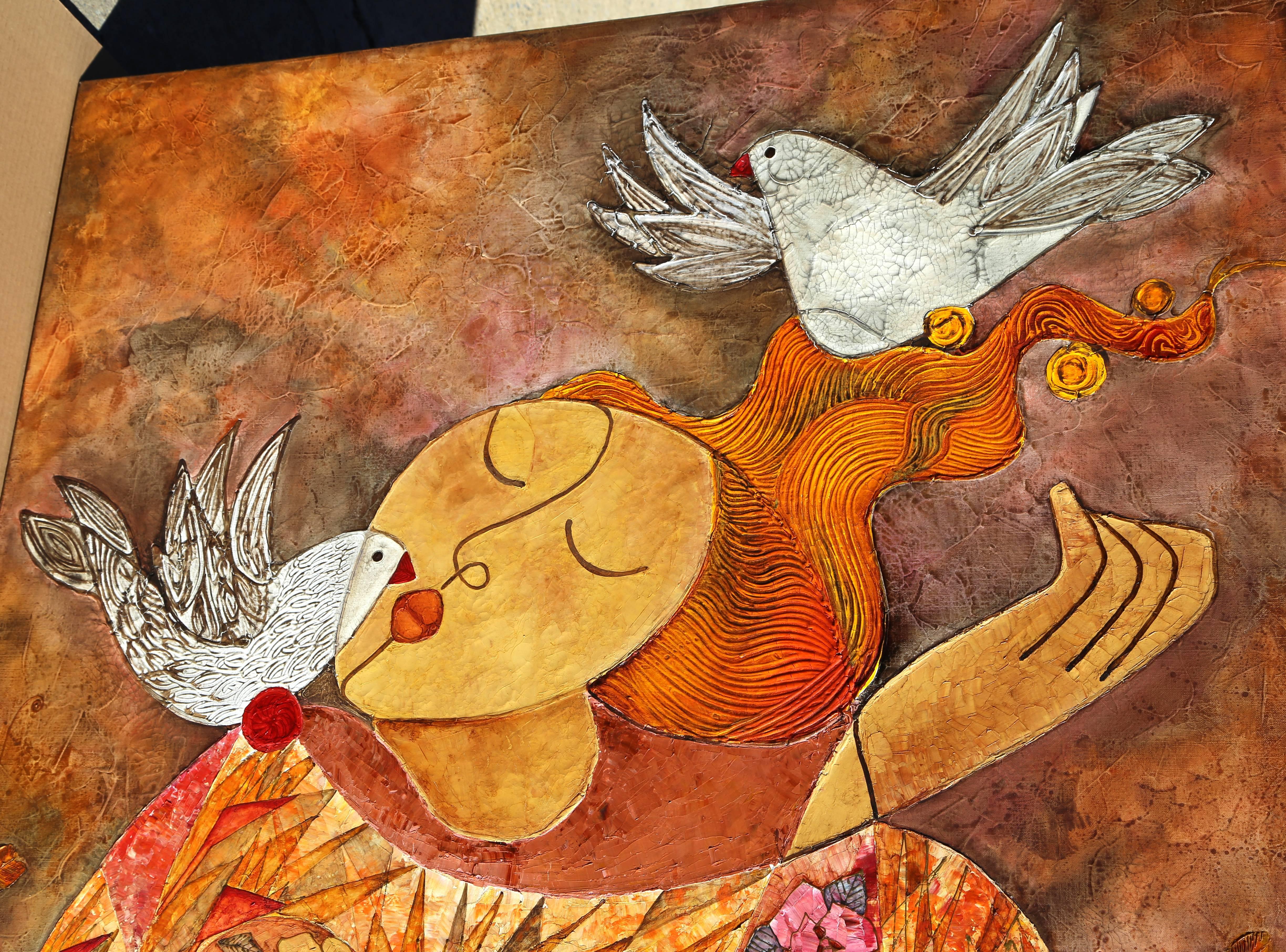 Mujer con palomas, pintura al óleo monumental de Huong en venta 1
