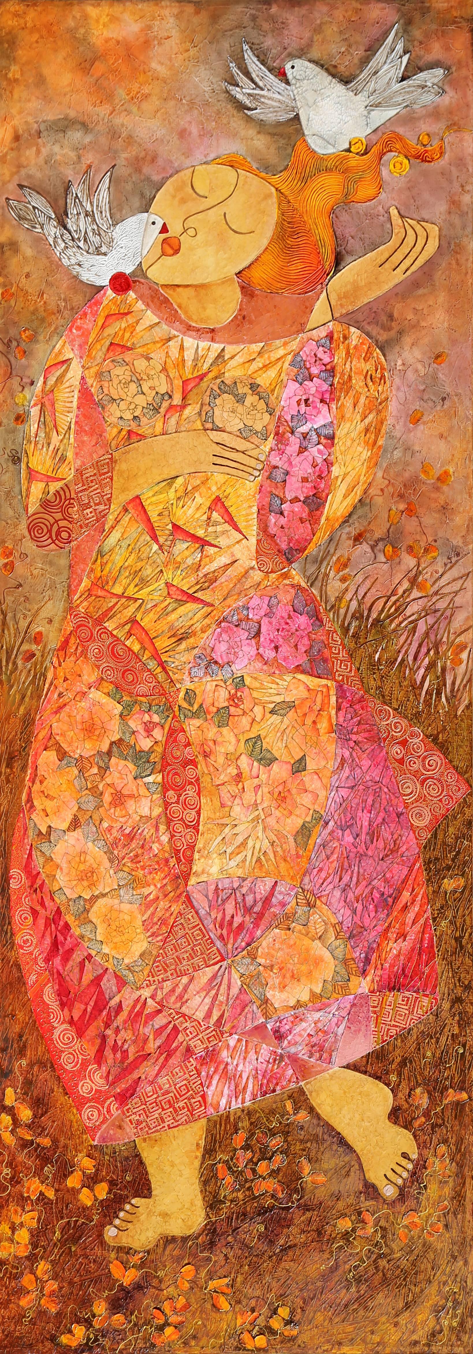 Peinture à l'huile monumentale « Woman with Doves » (Femme avec colombes) de Huong