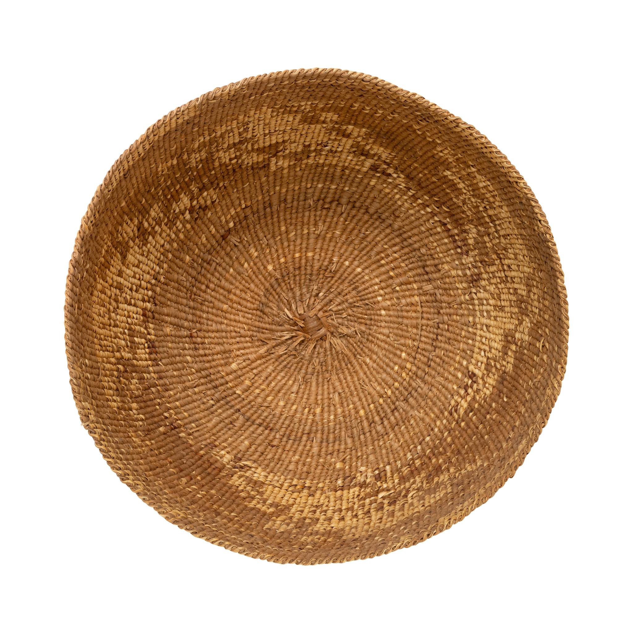 Hupa/Yurok basketry hat with imbricated dark and light brown banded stripe and geometric motifs. 3.75
