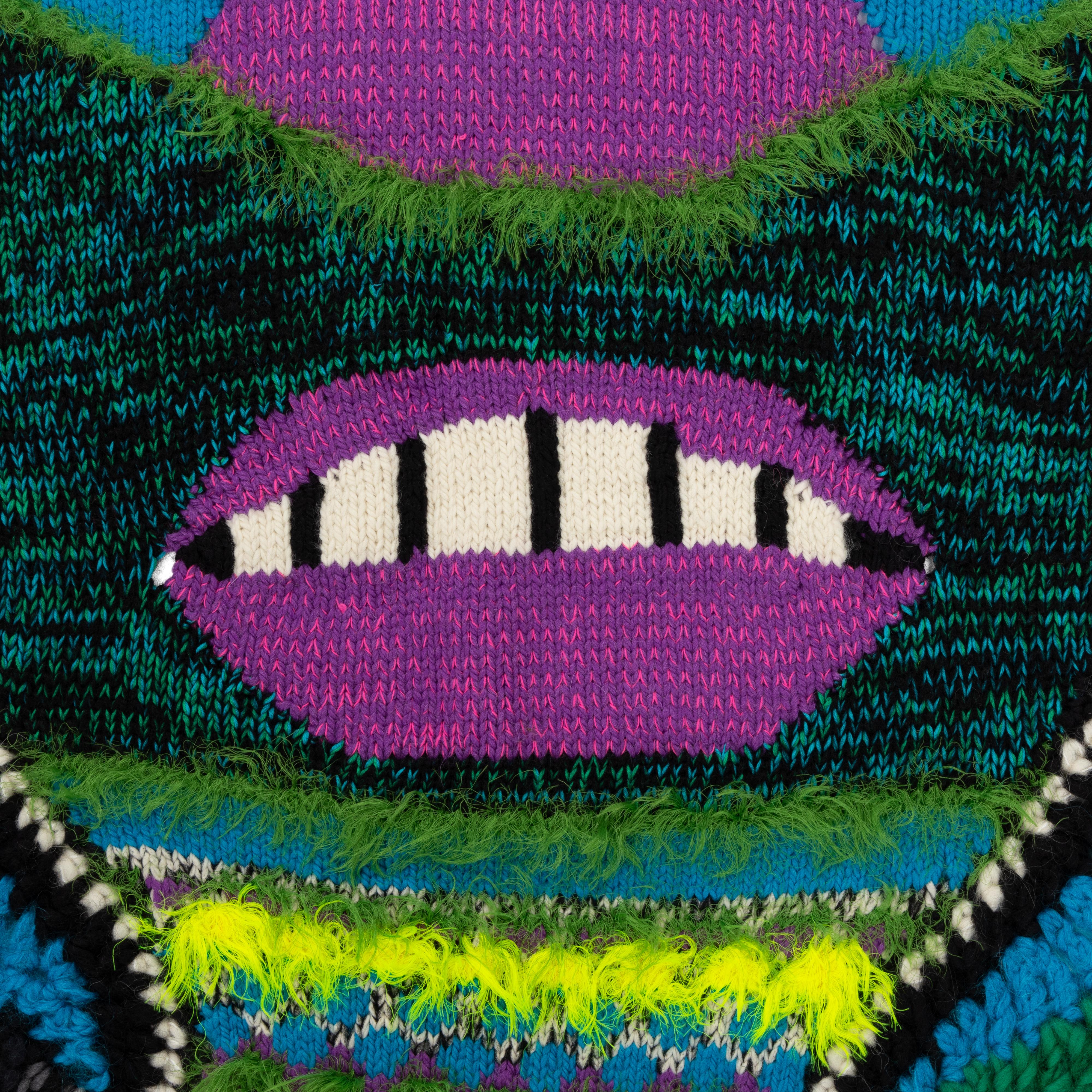 Handcrafted crochet and knit Mask Face Blanket inspired by psychedelic poster art. 
Textile Art, Hand-crafted, Knit and Crochet Art Blanket, Knitted Tapestry, Vibrant colour, Wall hanging, Throw blanket.
Knitted and crocheted pieces are