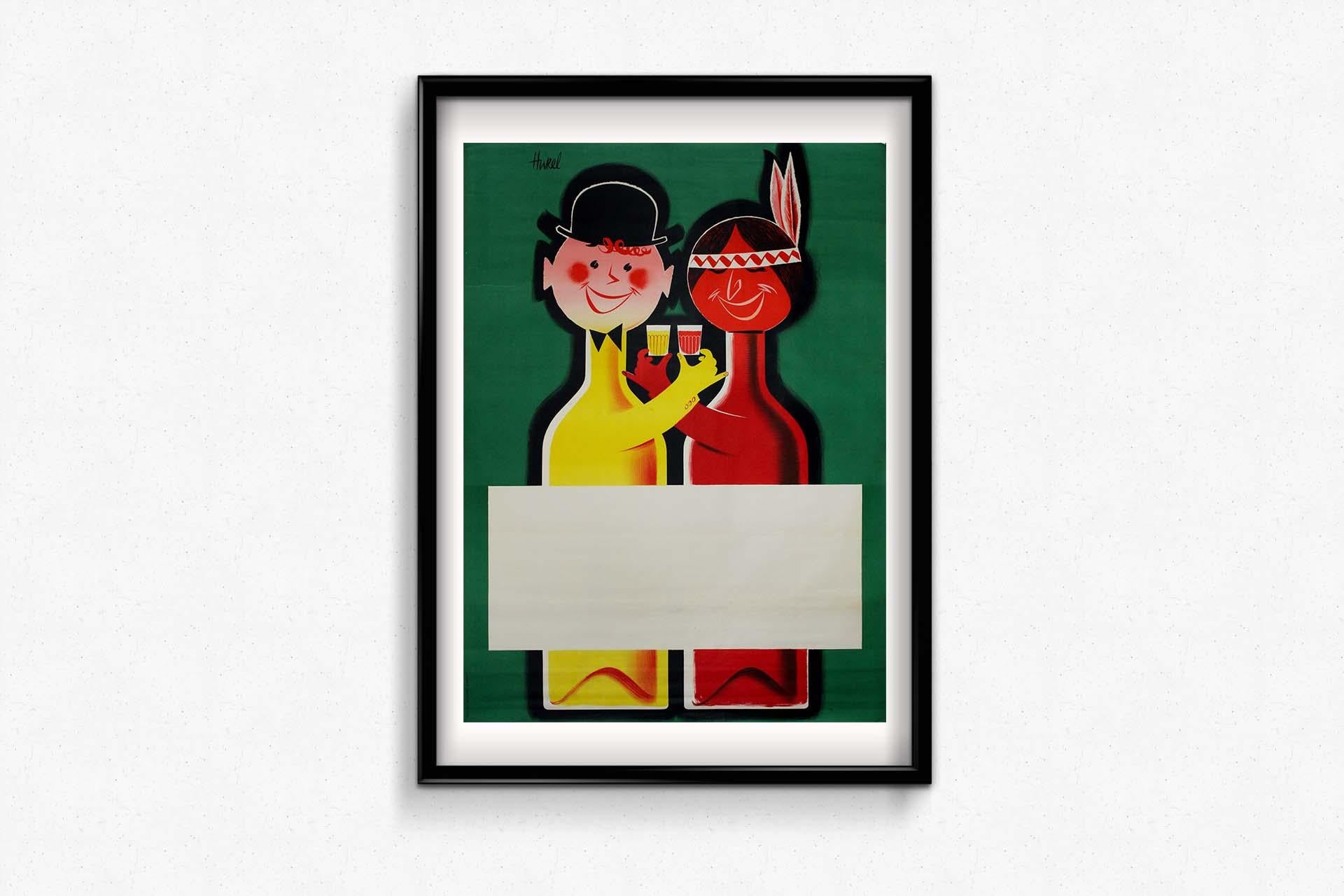 Circa 1950 original advertising poster by Hurel Vin rouge vin blanc cowbow For Sale 1