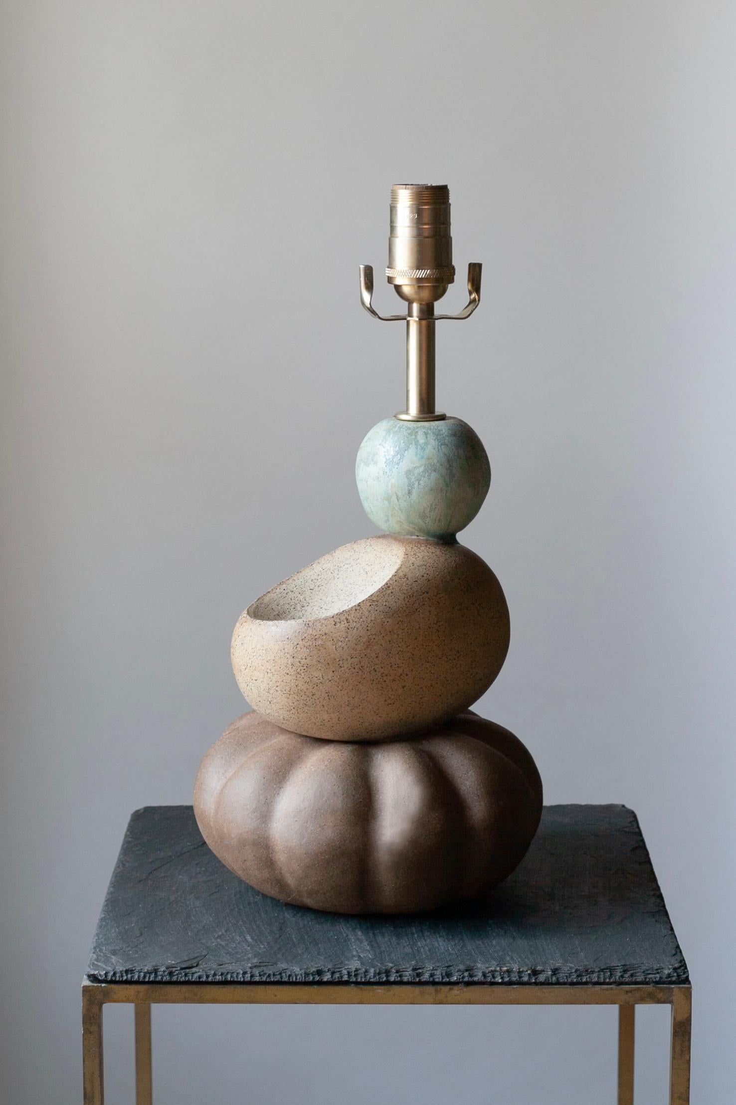 Huron Sculptural Stacked Ceramic Lamp with Custom Glazes and Linen Shade For Sale 1