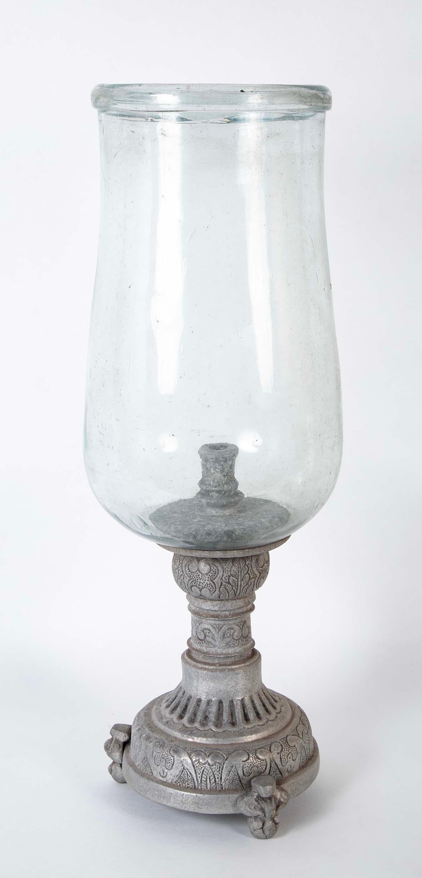 Mid-Century Modern Hurricane Lamp Photophore On Zinc Base, Large Scale For Sale