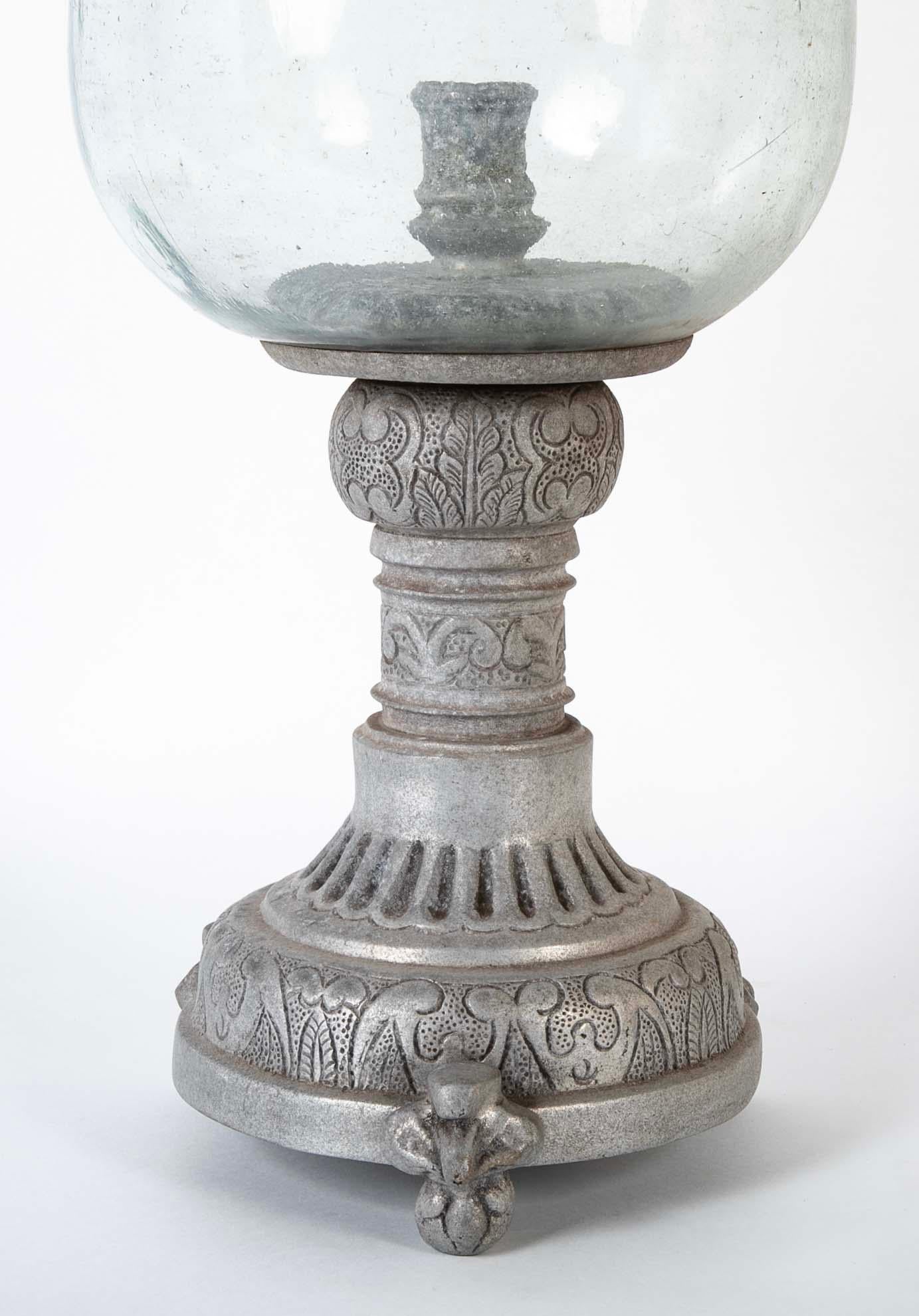 Cast Hurricane Lamp Photophore On Zinc Base, Large Scale For Sale