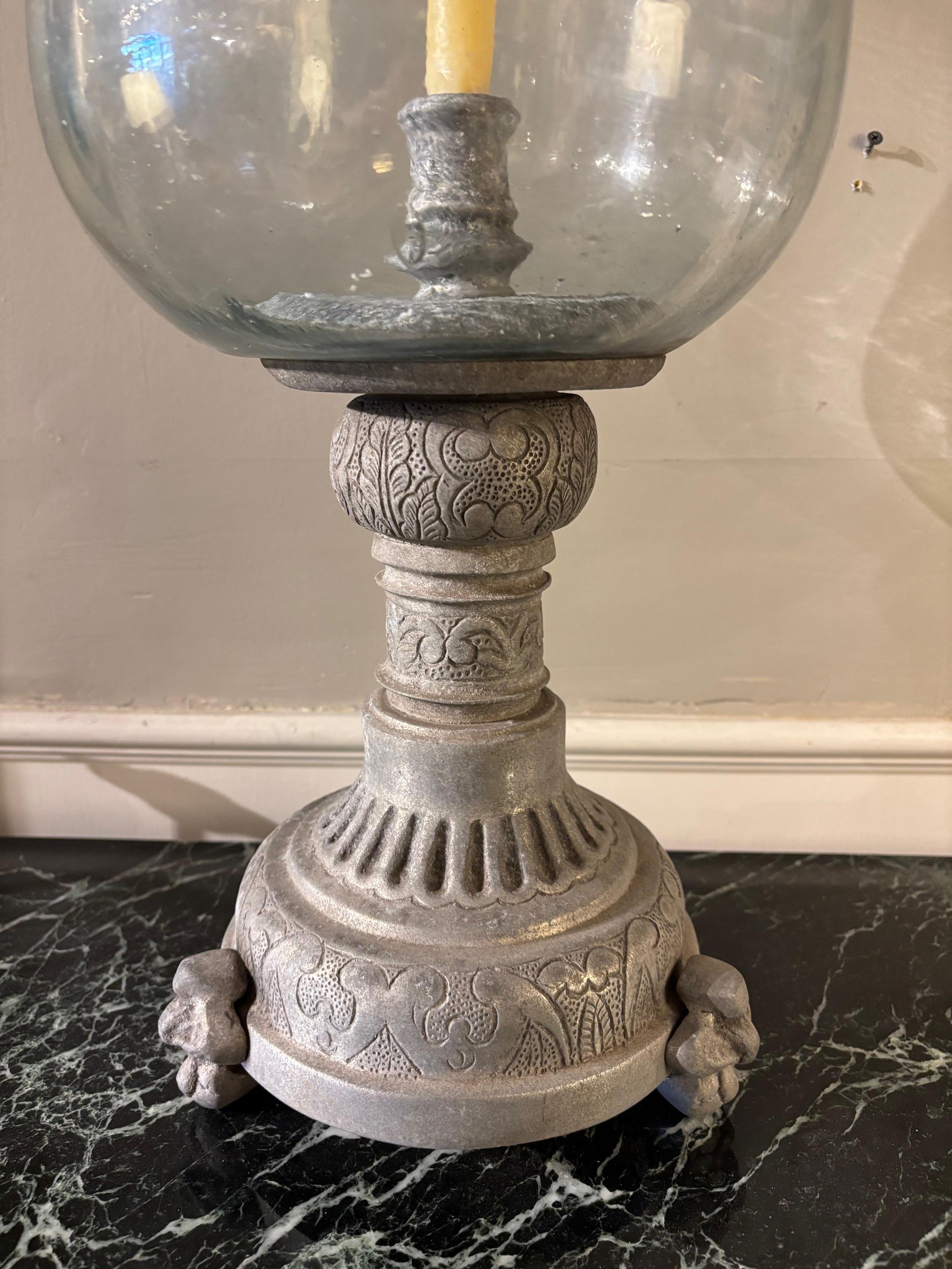 Glass Hurricane Lamp Photophore On Zinc Base, Large Scale For Sale