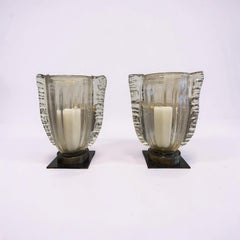 Hurricane Lanterns in Murano Gold-Flake Glass and Bronze Bases, Pair