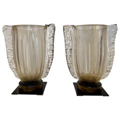Hurricane Lanterns in Murano Gold-Flake Glass and Bronze Bases, Pair