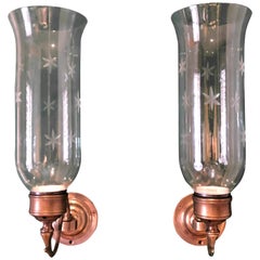 Antique Hurricane Shade Petite Sconces on Brass Arms