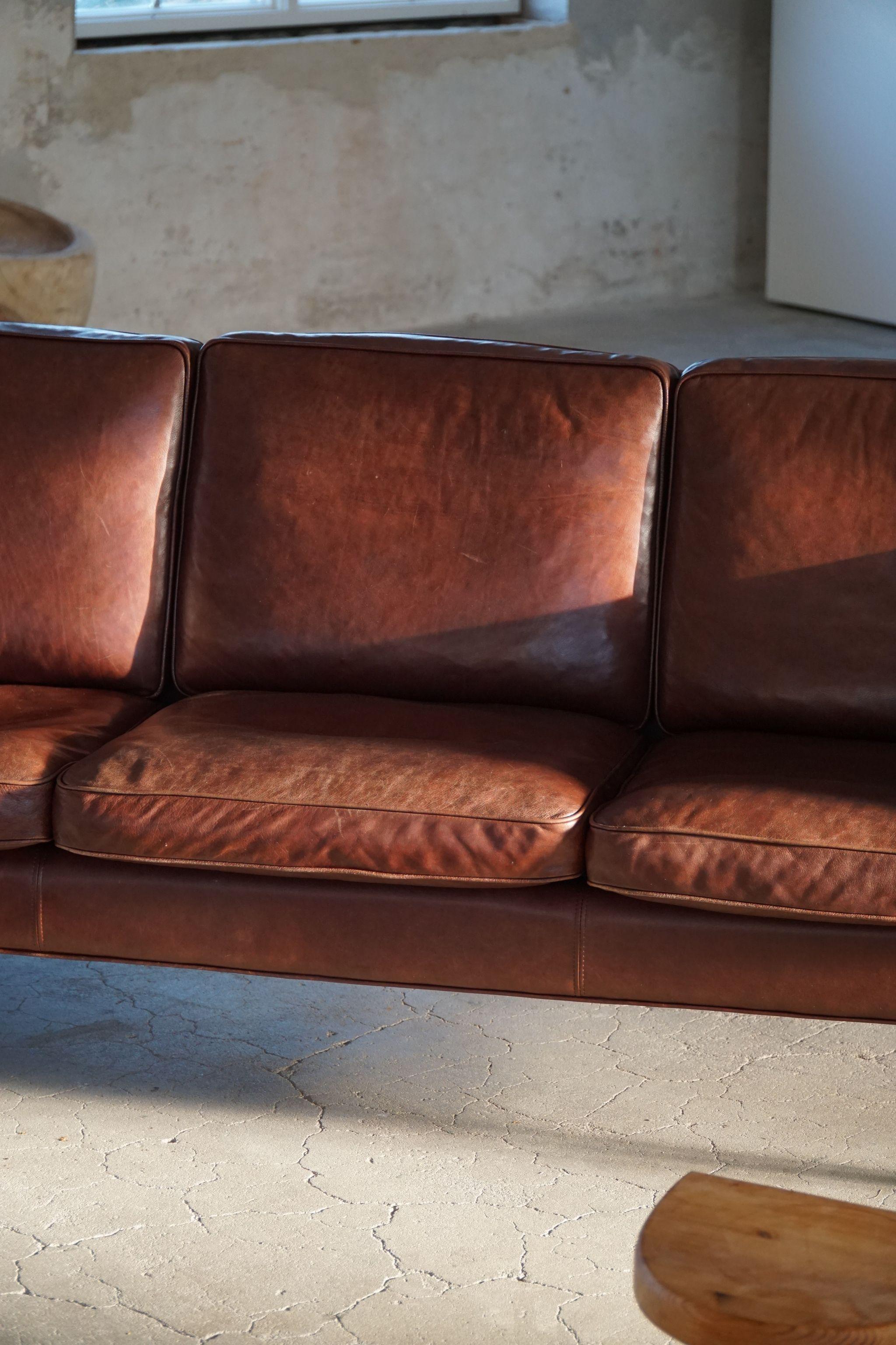 20th Century Hurup Møbelfabrik, Mid Century Three Seater Sofa in Brown Leather, Made in 1970s For Sale