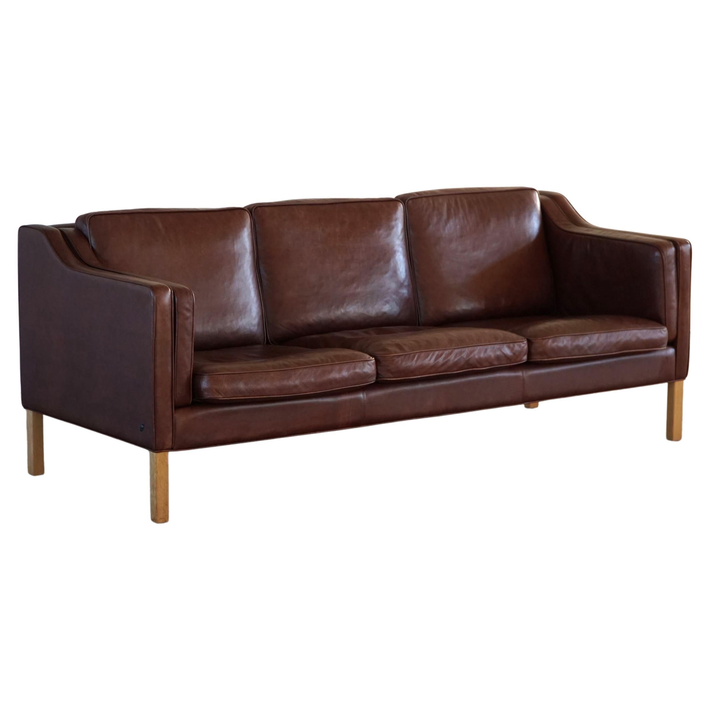 Hurup Møbelfabrik, Mid Century Three Seater Sofa in Brown Leather, Made in 1970s For Sale