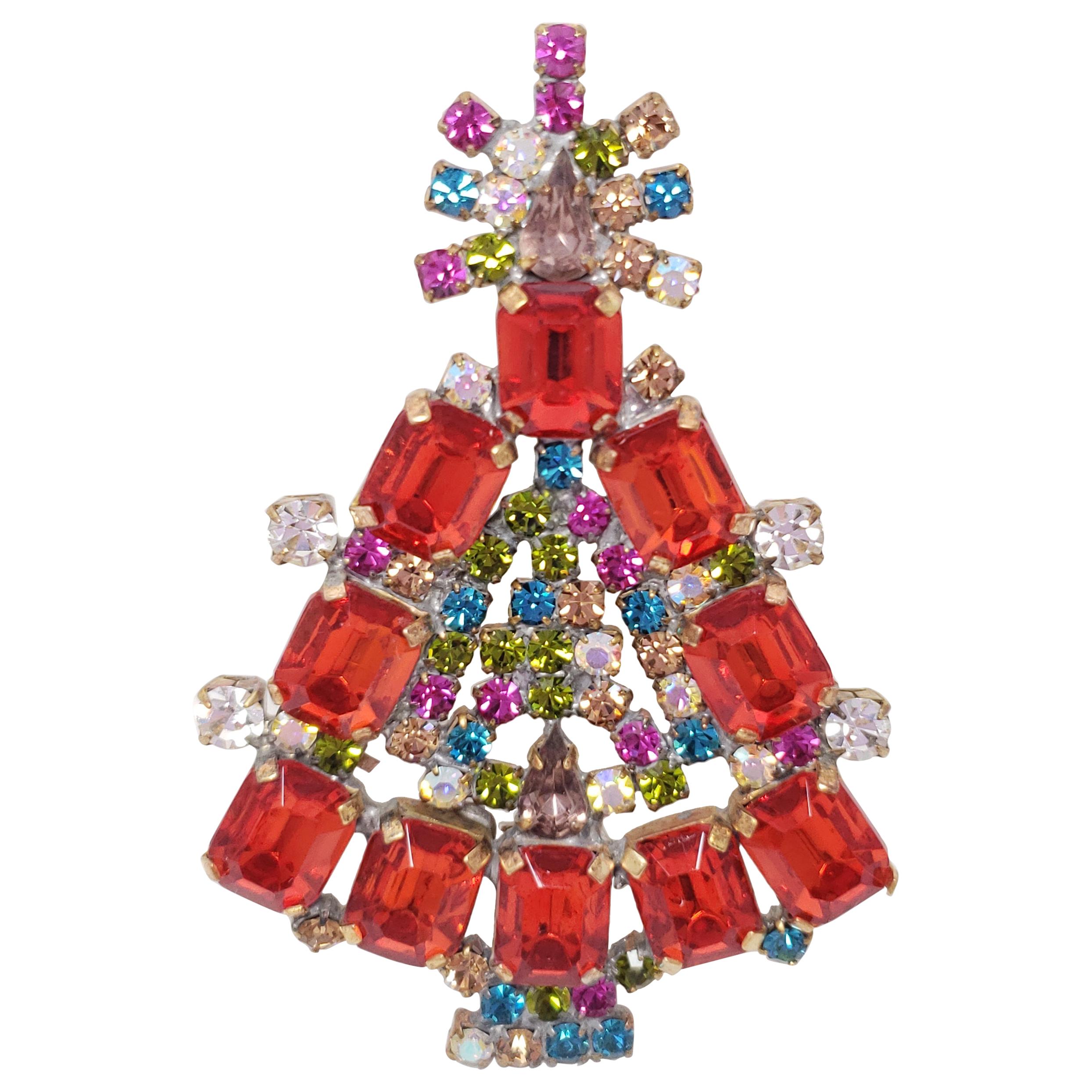 Husar D Czech Jeweled Holiday Christmas Tree Pin Brooch, Ruby, Multicolor Crysta For Sale
