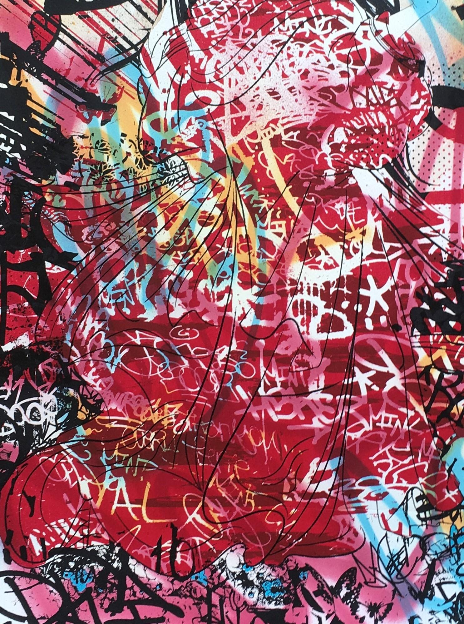Ritmo Graf Glimmer 1 (2009) di Hush
Finitura a mano (vernice spray, acrilico, tè) Stampa serigrafica a 5 colori su carta di velluto somerset da 300 g/m².
Edizione limitata di 25 esemplari 
Numerato (11/25) e firmato a mano dall'artista
Dimensioni 76