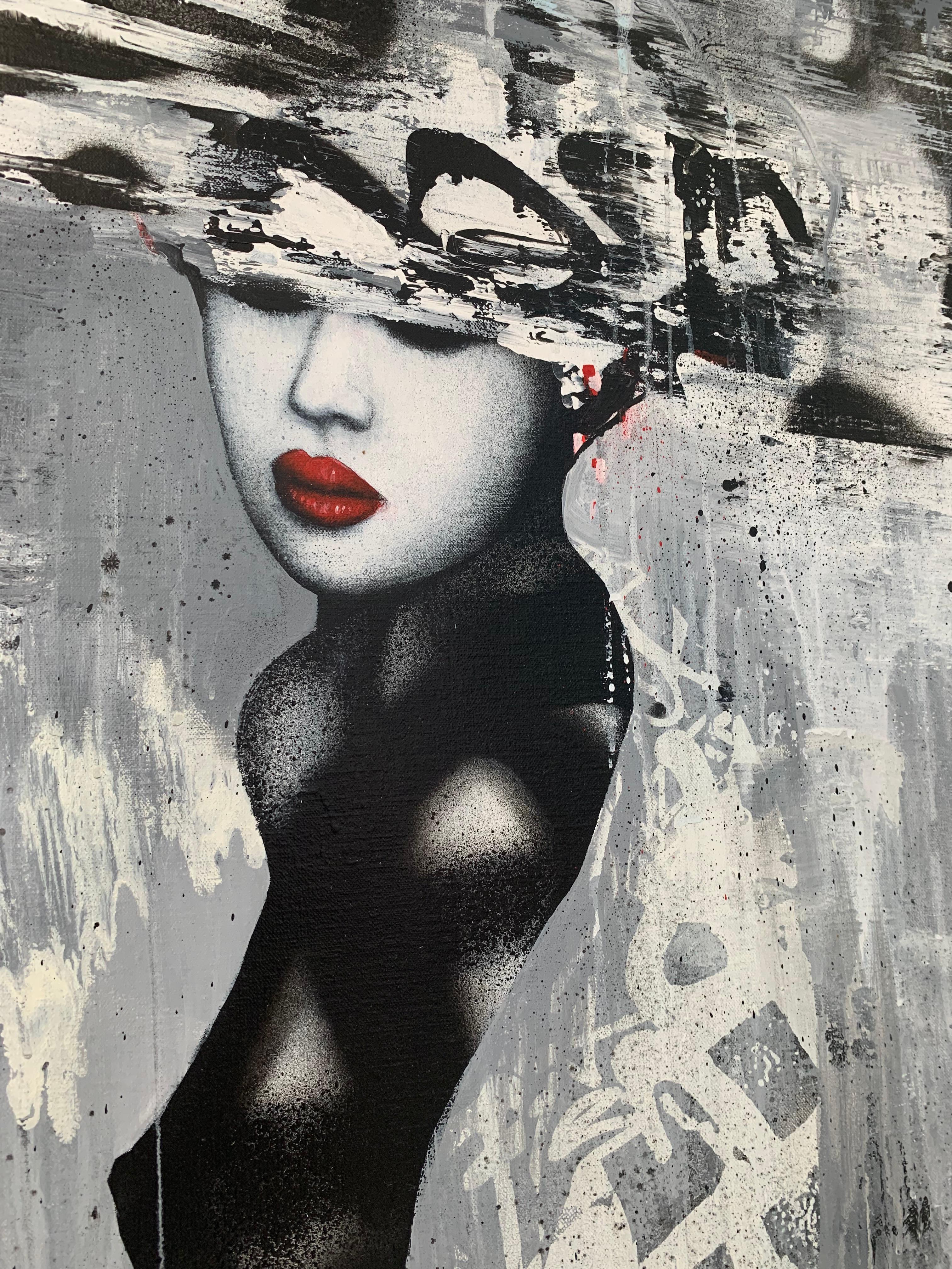 ROUGE Rarissimo dipinto originale su tela, firmato a mano dall'artista - Figurative Painting Grigio di HUSH