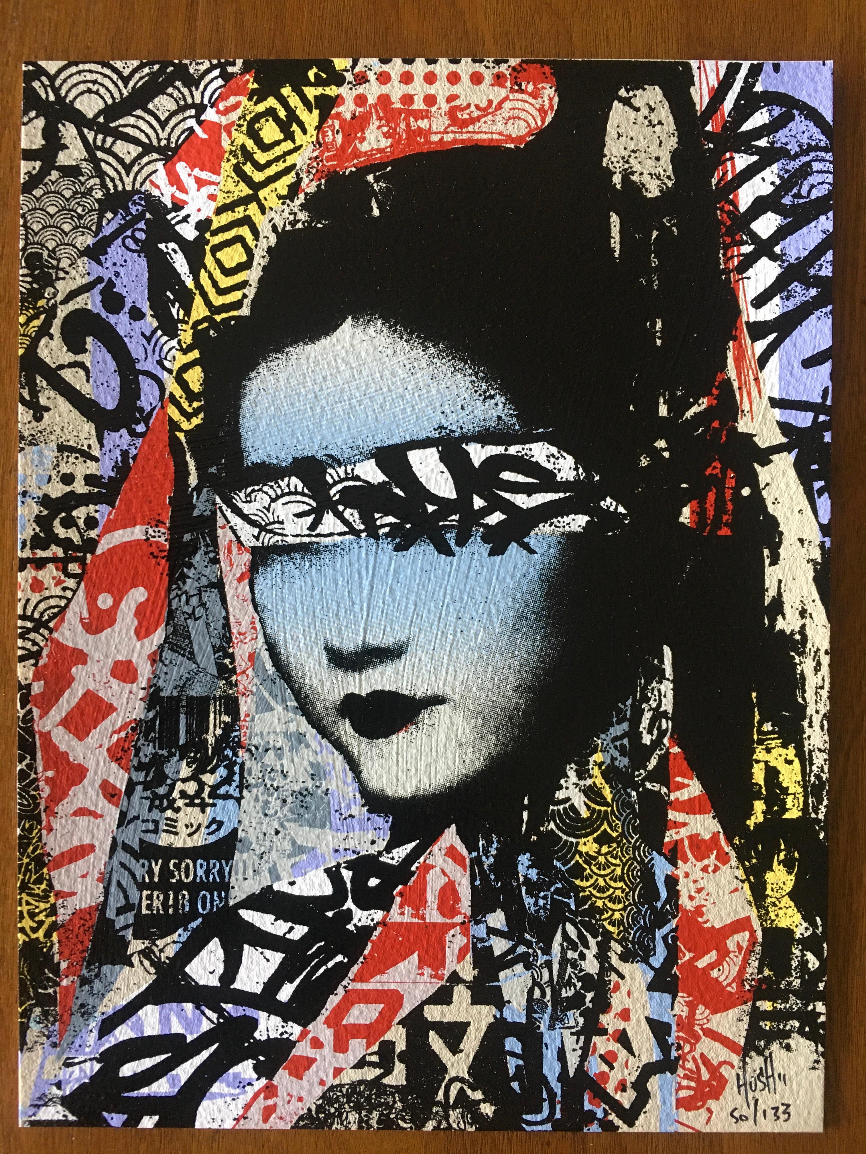 'Un-Masked' (2011) by HUSH, 3-Print-Set
3 Prints – hand finished with acrylic, spray paint and tea on 300 gsm Somerset Paper
Size 23 cm x 17,5 cm.
Limited Edition of 133
All pieces are numbered (50/133) and signed & dated by the artist. 
Comes in