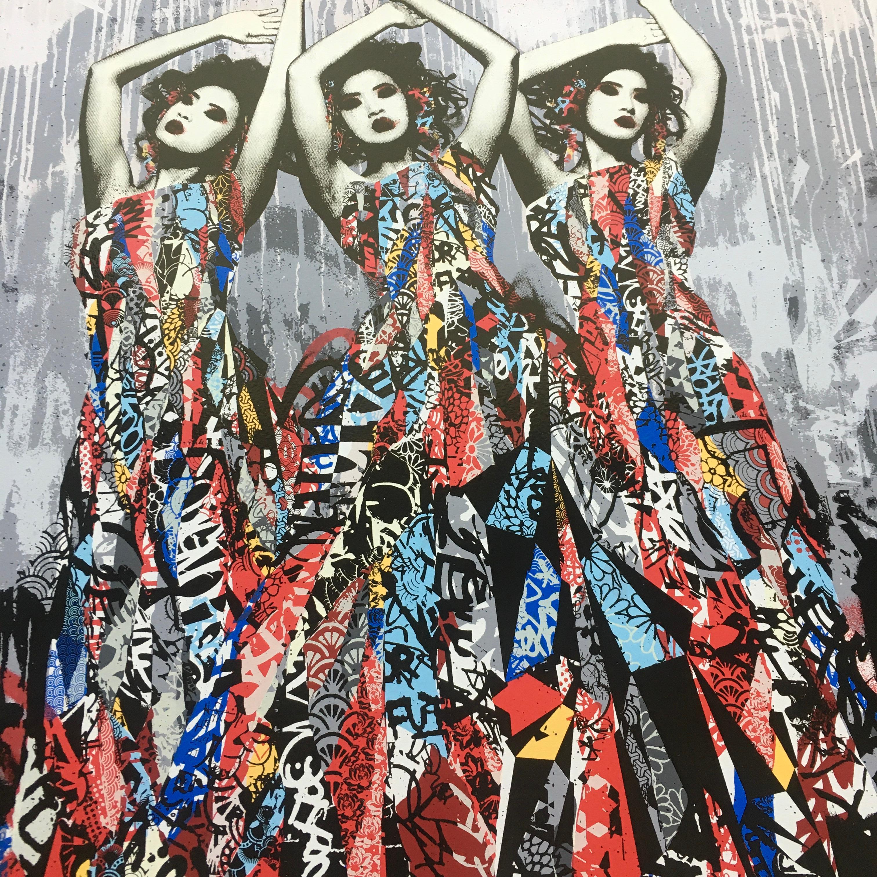 The 3 Sirens (2012) by HUSH
24 colour Screen Print + 2 varnishes on 300gsm Somerset Velvet.
Collage pattern emboss in image & crest
600mm x 600mm with 30mm border
Limited Edition of 150
Numbered (120/150) and sigend by Hush.

The 3 Sirens is a