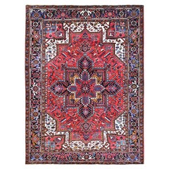 Husker Red Evenly Worn Wool Abrash Hand Knotted Persian Vintage Heriz Clean Rug