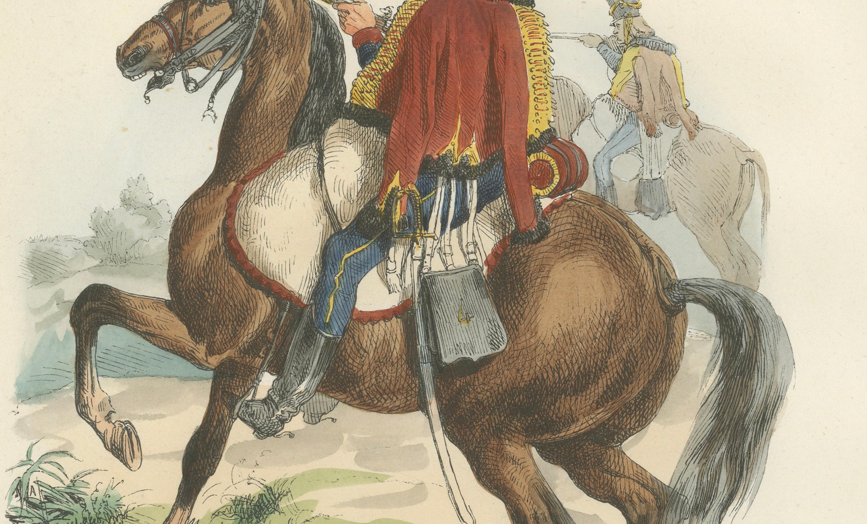 Hussar Cavalryman on Horseback, Napoleonic Military Print. Published in 1843