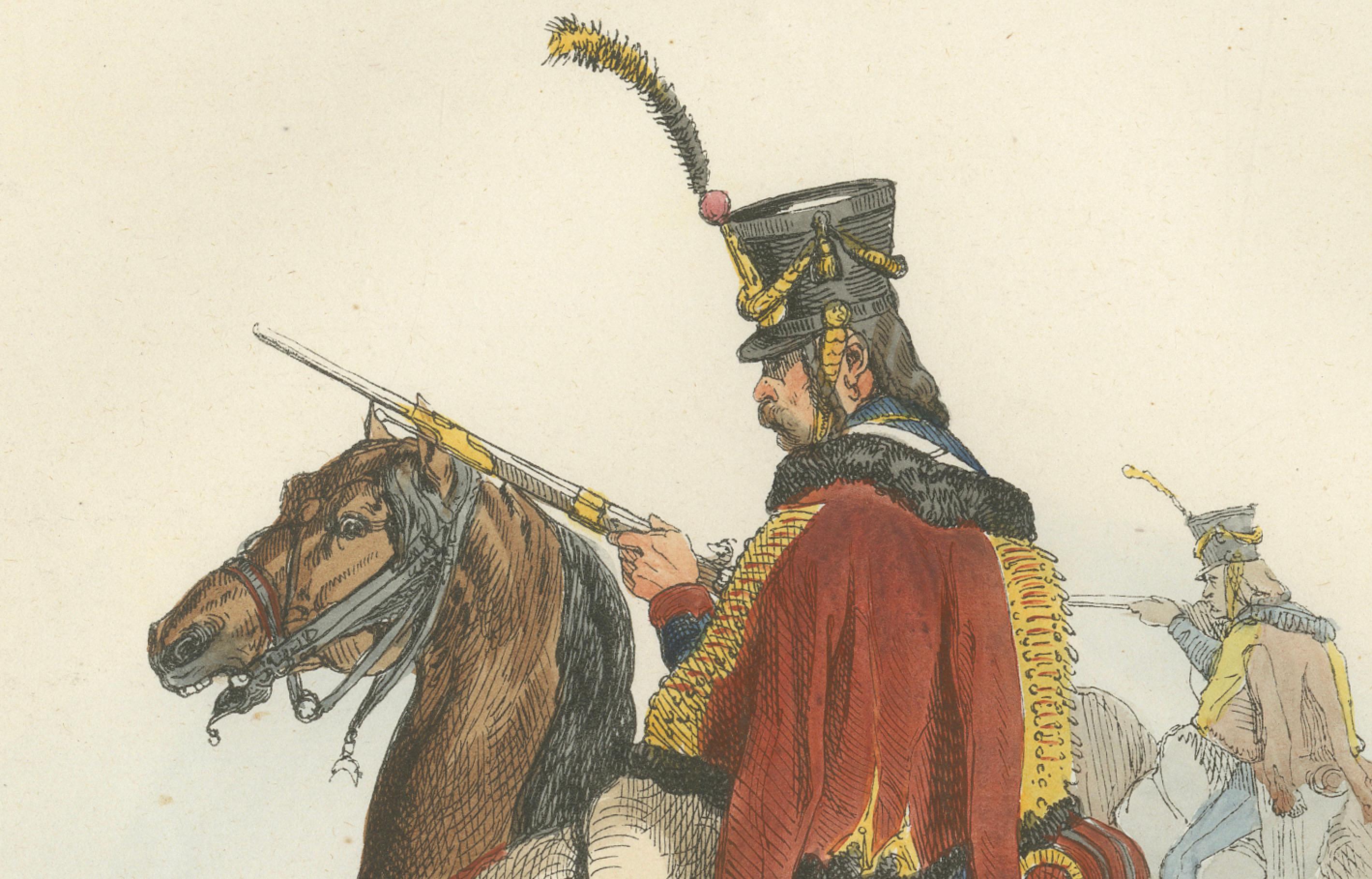 Hussar Cavalryman on Horseback, Napoleonic Military Print. Published in 1843
