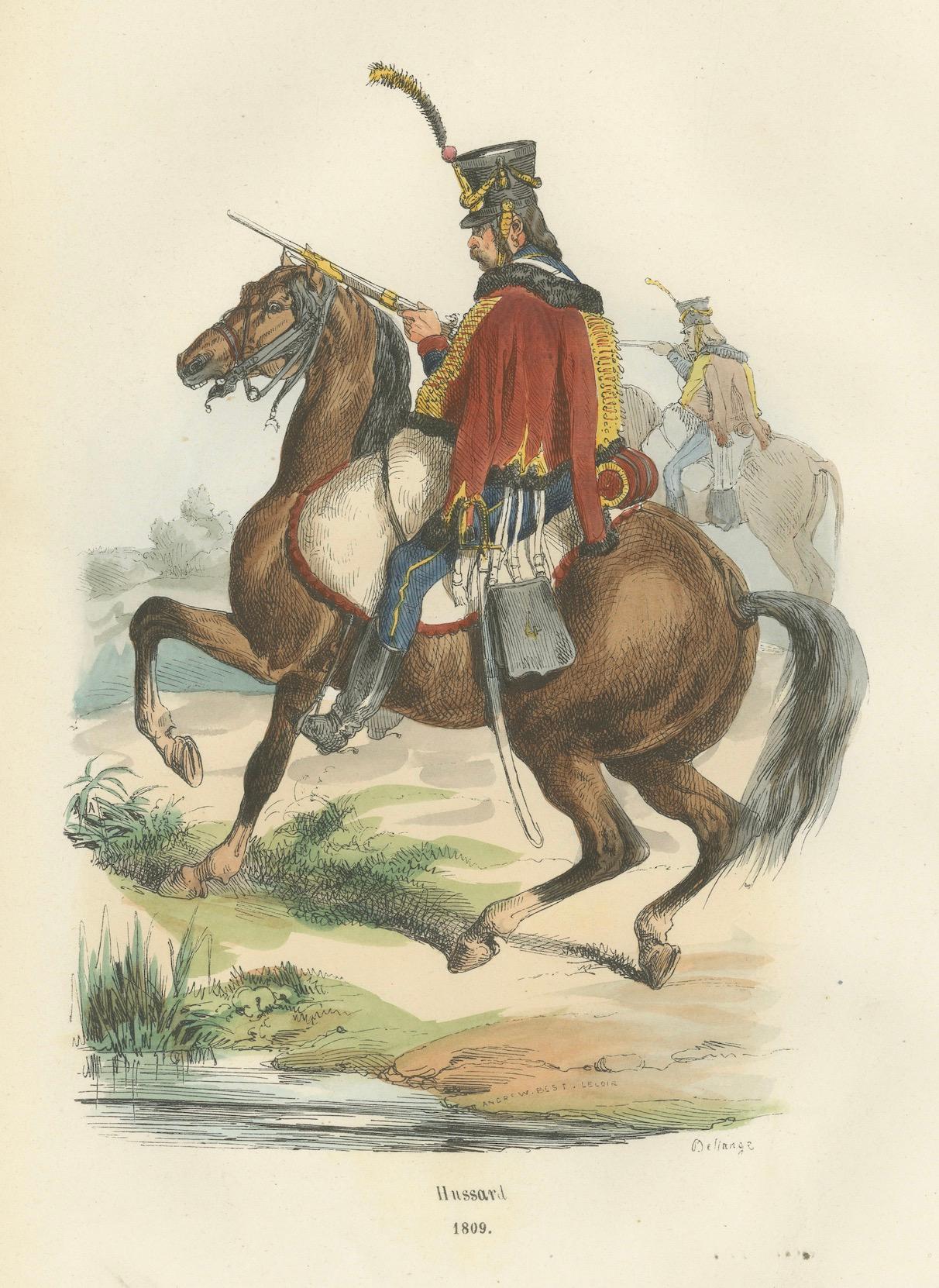 Hussar Cavalryman on Horseback, Napoleonic Military Print. Published in 1843