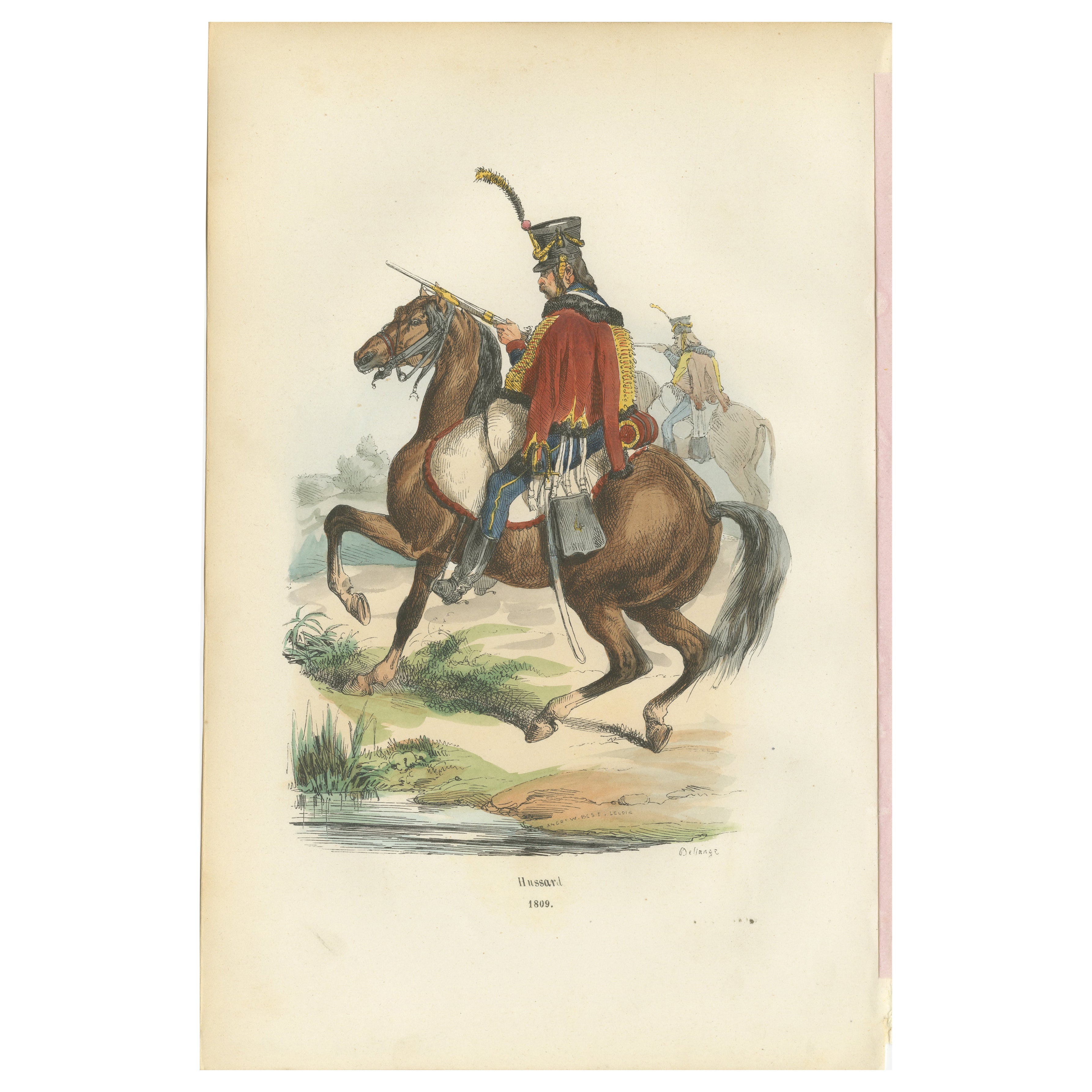 Hussar Cavalryman on Horseback, Napoleonic Military Print. Published in 1843 en vente