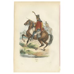 Hussar Cavalryman on Horseback, Napoleonic Military Print. Published in 1843